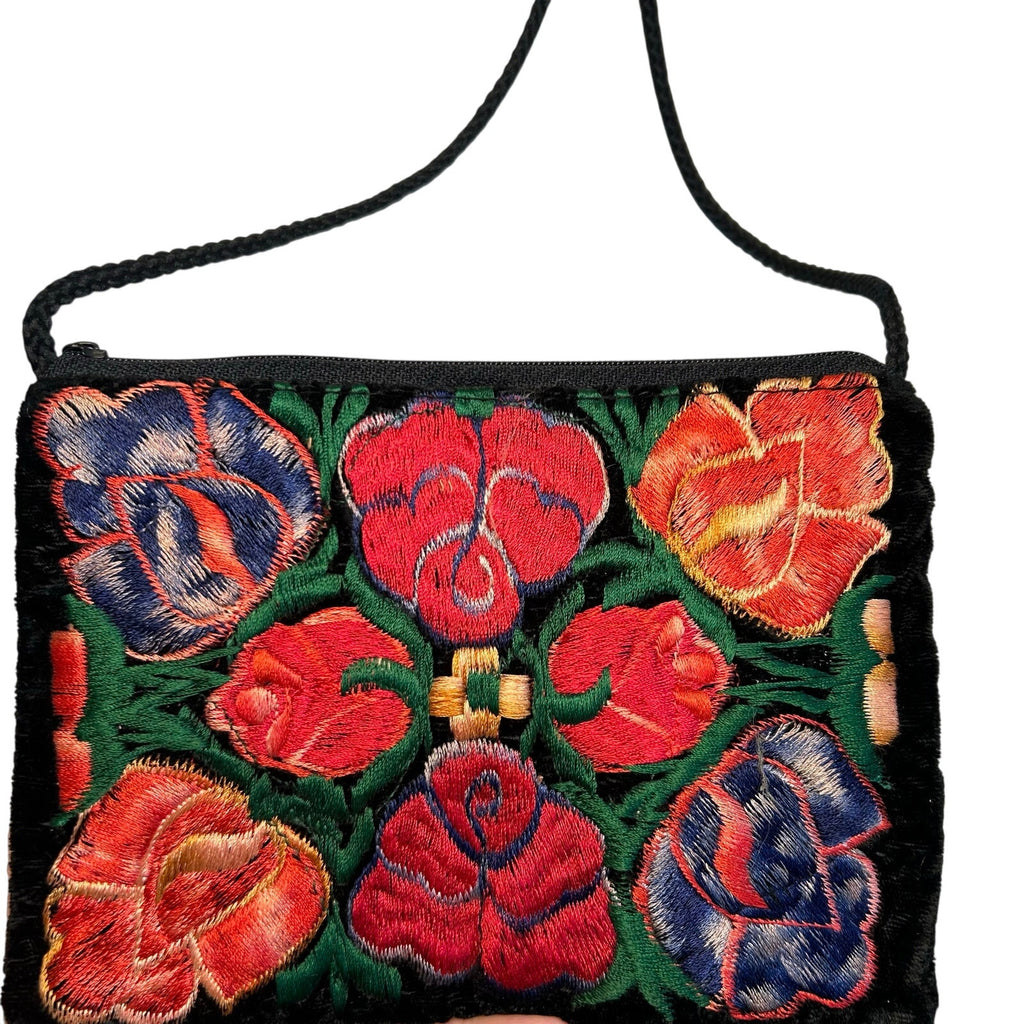 VTG Floral Embroidered Black Velvet Mini Crossbody Bag Boho Whimsigoth