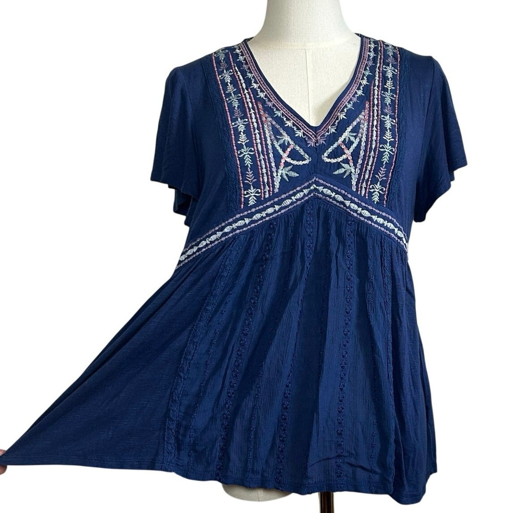 Knox Rose S Blue Embroidered Peasant Top Boho Casual Cottage Indie Twee Festival