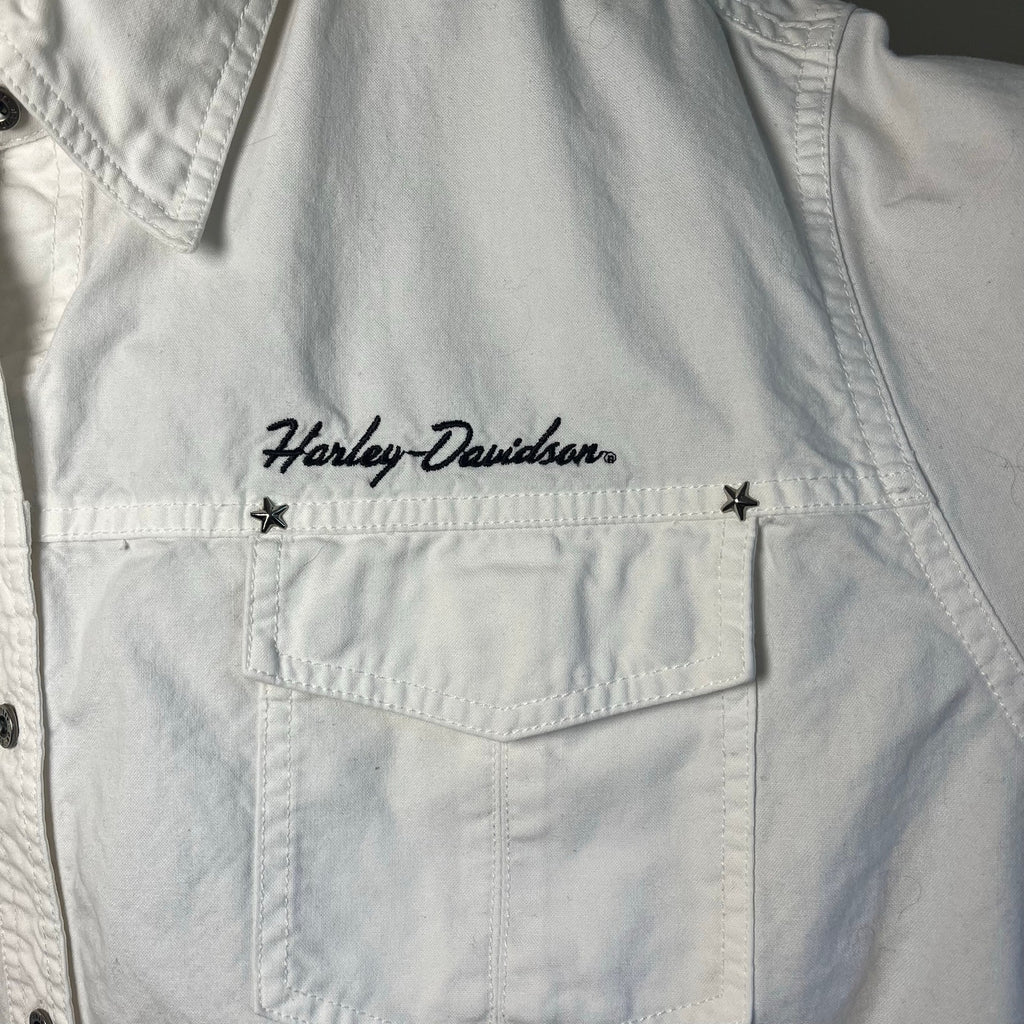VTG 90s Harley Davidson 3XL White Button Down Shirt Short Sleeve Biker Grommet