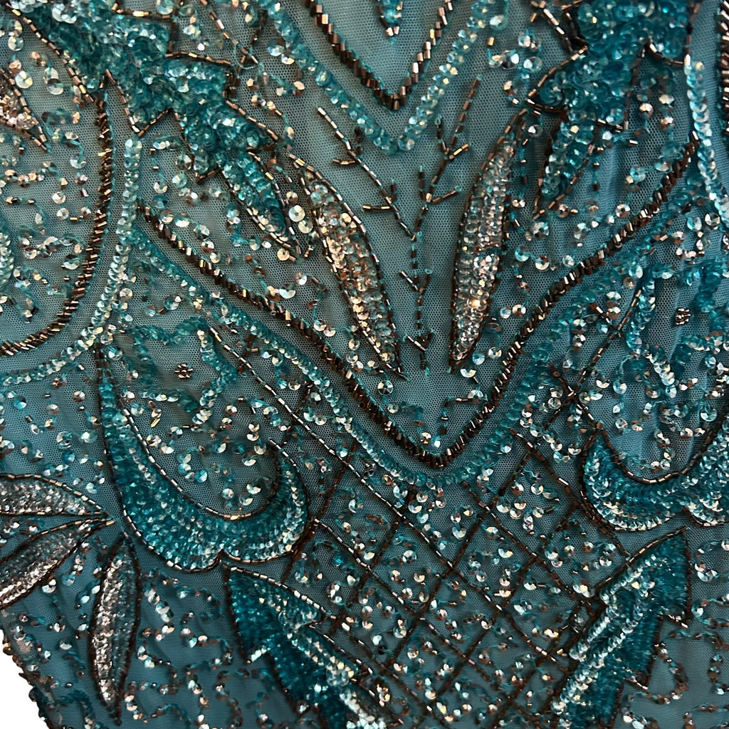 VTG Aidan Mattox Teal Silver Beaded Sequin Cold Shoulder Mini Cocktail Dress 2