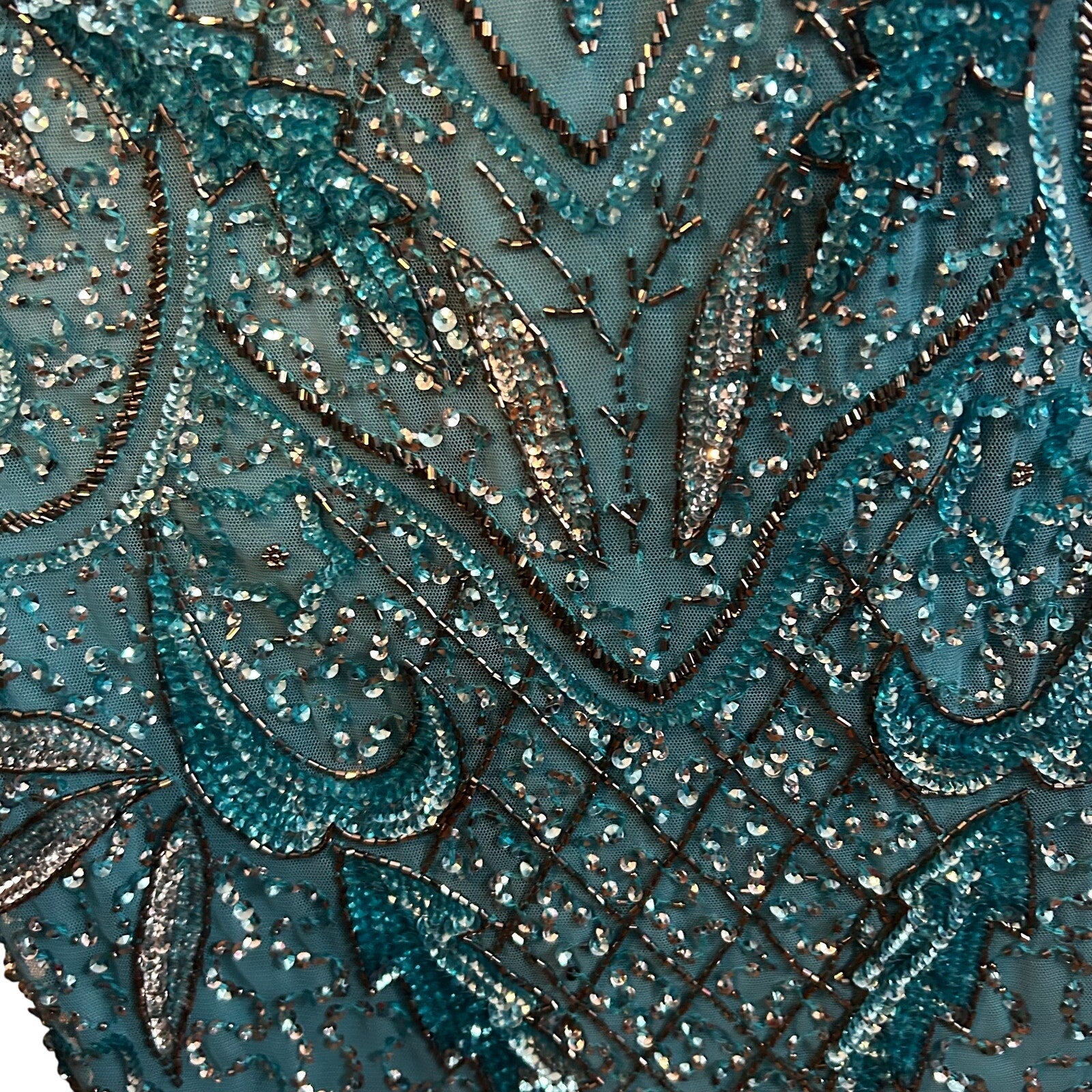 VTG Aidan Mattox Teal Silver Beaded Sequin Cold Shoulder Mini Cocktail Dress 2