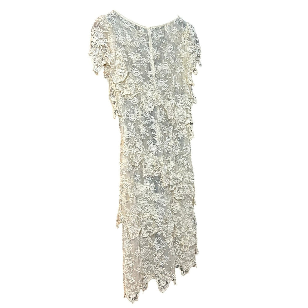 VTG 1960s Sheer Cream Lace Tiered Midi Dress Whimsigoth Bridal Overlay S