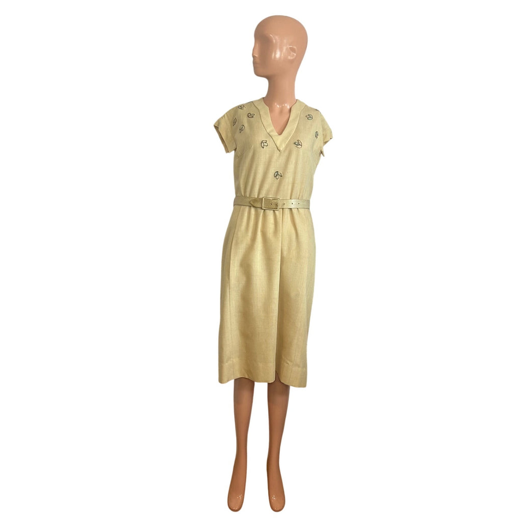VTG 50s Hartnell Yellow Silk Applique Linen S Jacket Dress Set Feminine Wedding