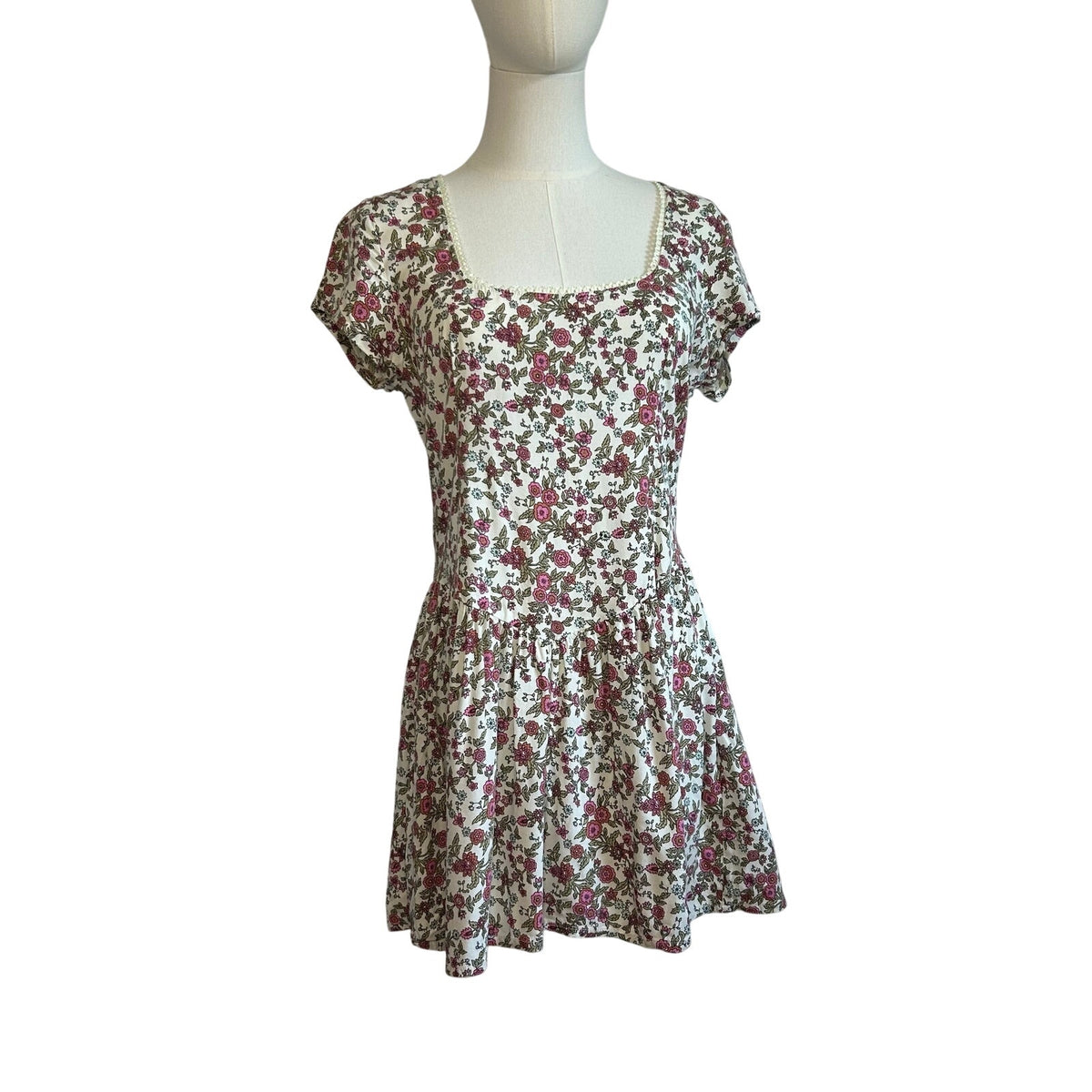 Motel White Pink Cottagecore Pleated Mini M Dress Basque Floral Coquette Fairy