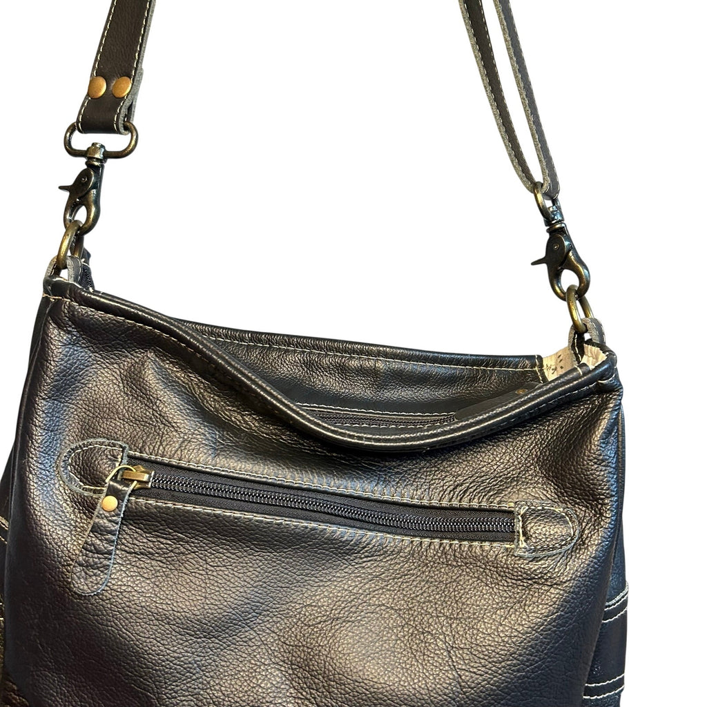 Myra Bag Leather Cow Hide Crossbody Shoulder Bag Brown White Tassel Purse