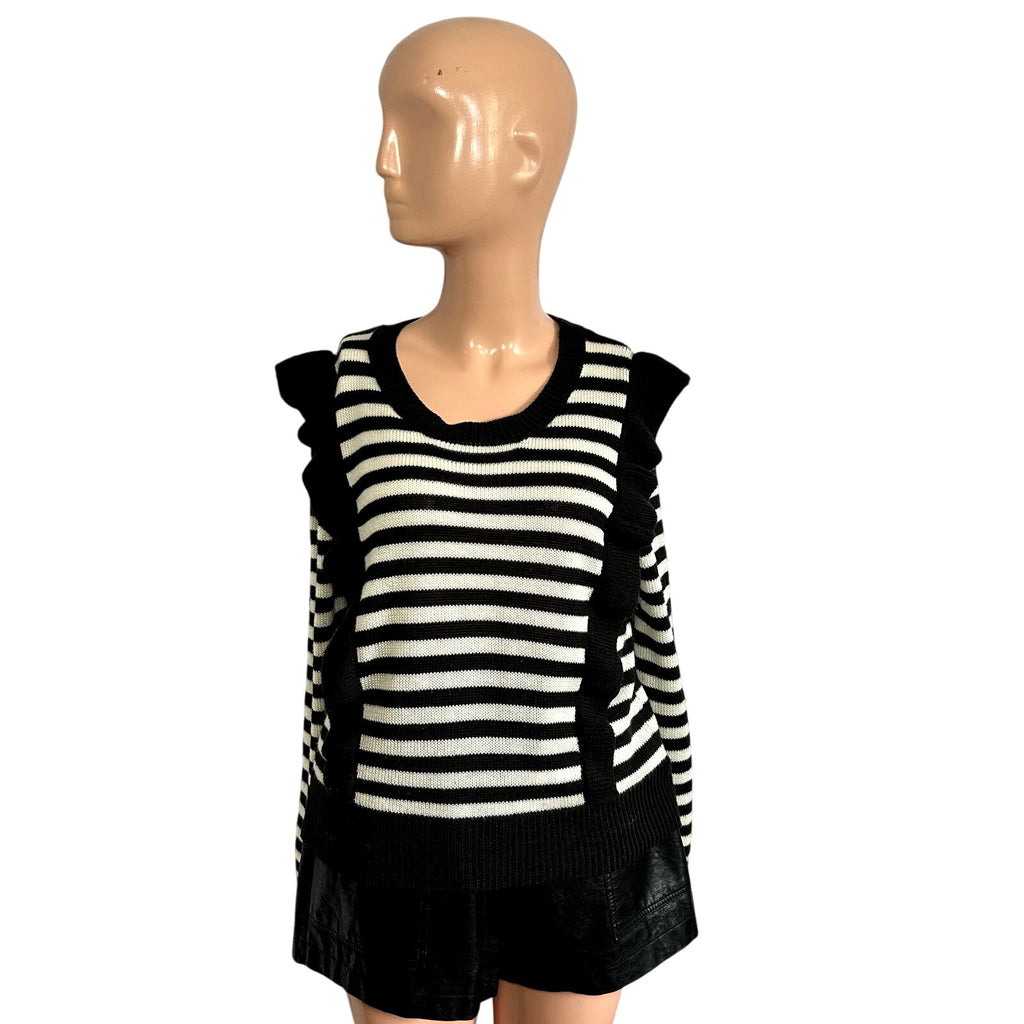 Jack by BB Dakota Black White Striped M Knit Sweater Preppy Ruffle Trim Coquette