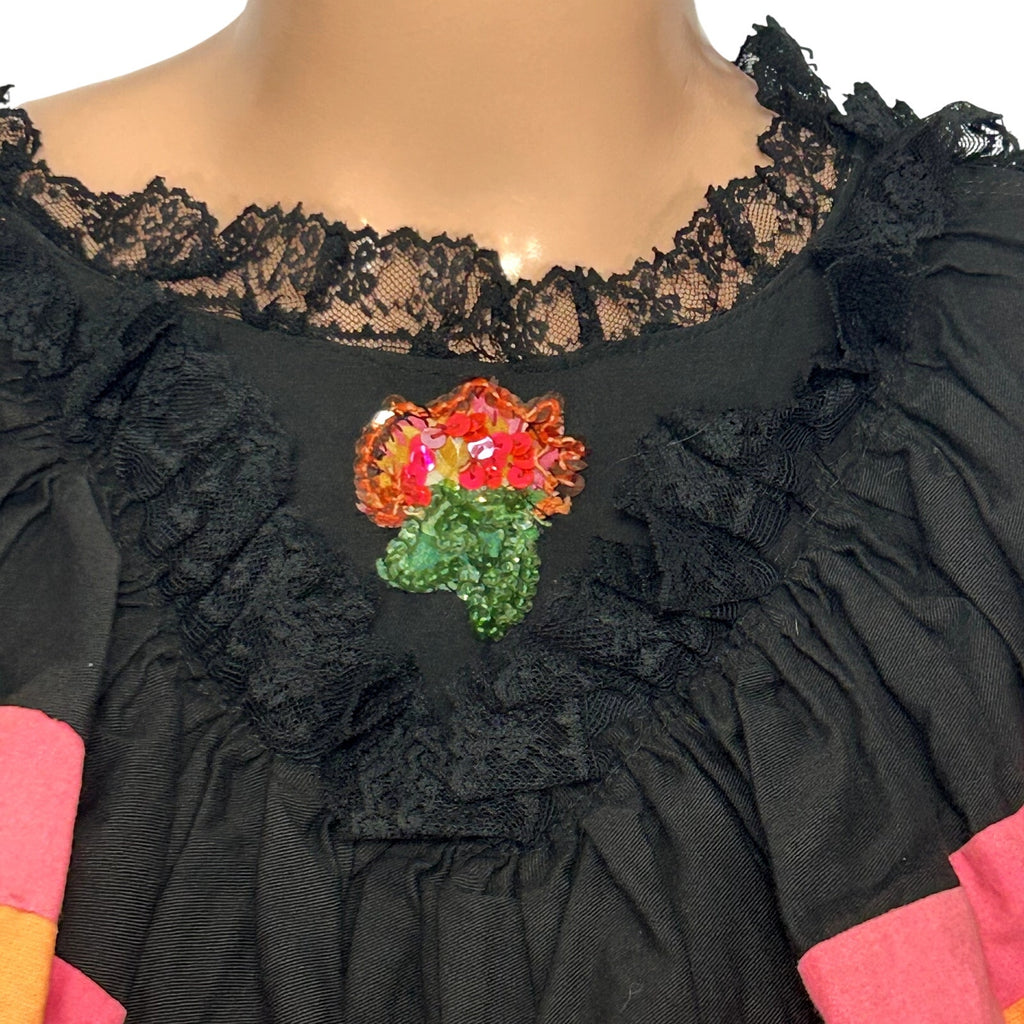 VTG 70s Vintage XS Black Pink Mexican Folkloric Flounce Sequin Dress Retro