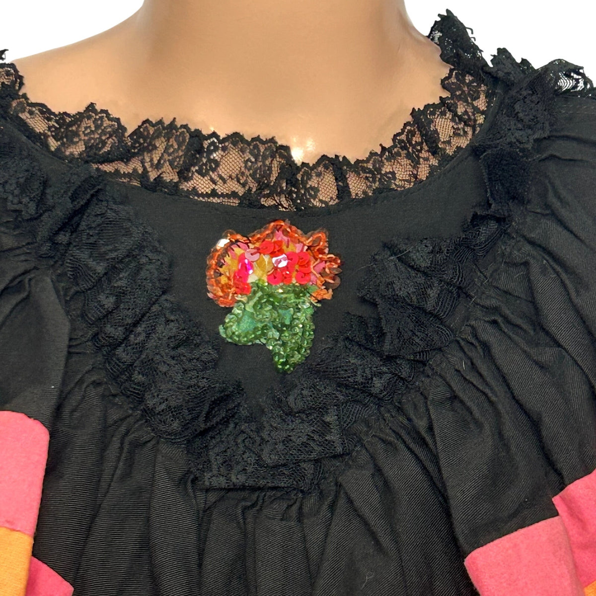 VTG 70s Vintage XS Black Pink Mexican Folkloric Flounce Sequin Dress Retro