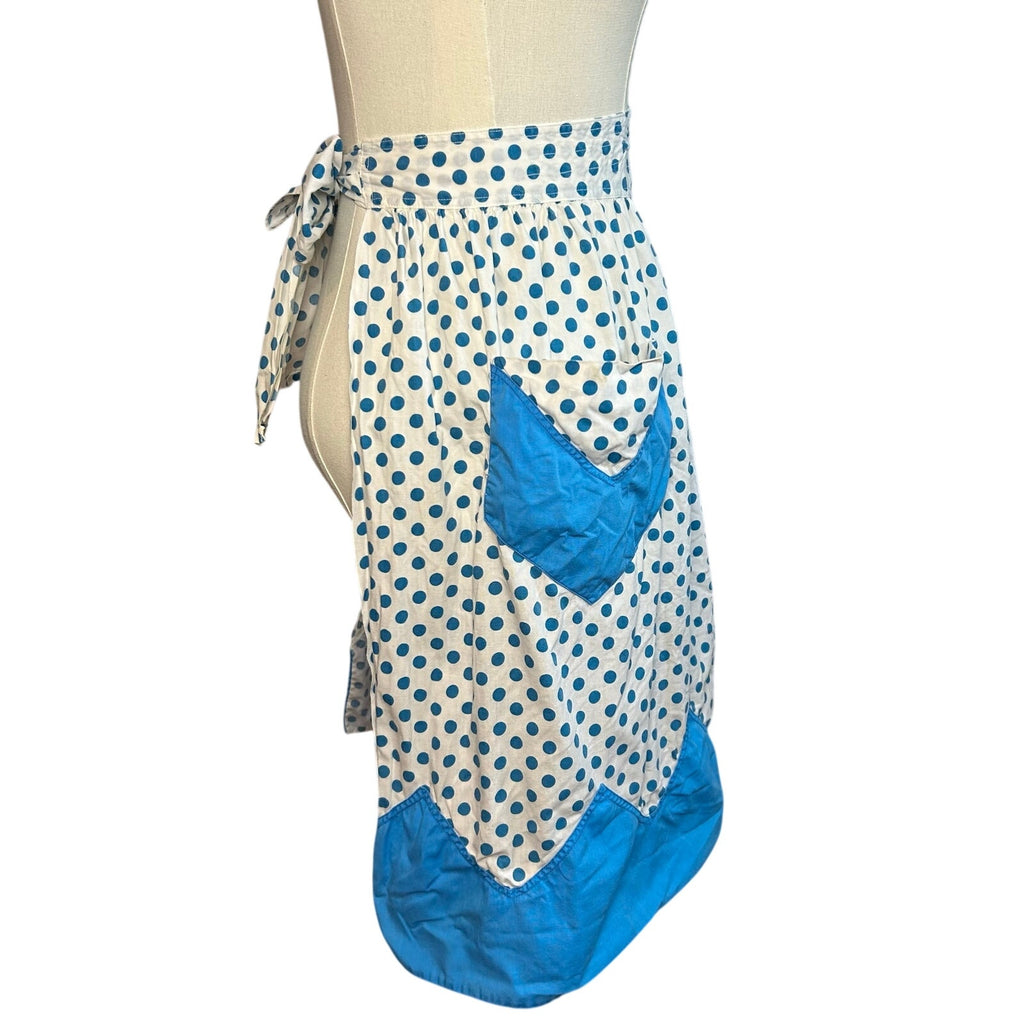 VTG Blue White Cotton Apron Handmade Pocket Polka Dot Cottage Retro Western Boho