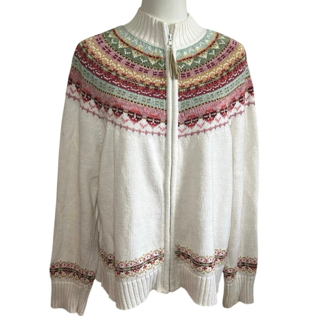 VTG Y2K Tiara International L White Fair Isle Cardigan Sweater Full Zip Grandma