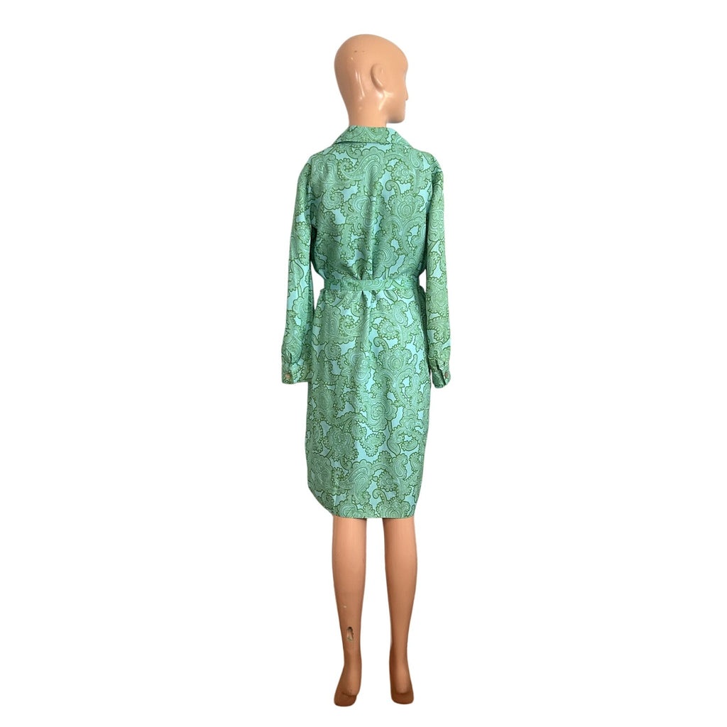 VTG 60s Kay Windsor Midi Dress Teal Paisley Retro Mod Secretary Union Made
