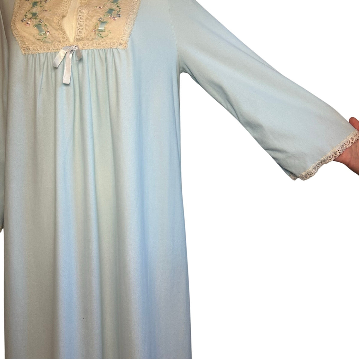 VTG 70s Blue Floral Lace Nightgown Sears XL Nylon Bridal Coquette Romantic Bow