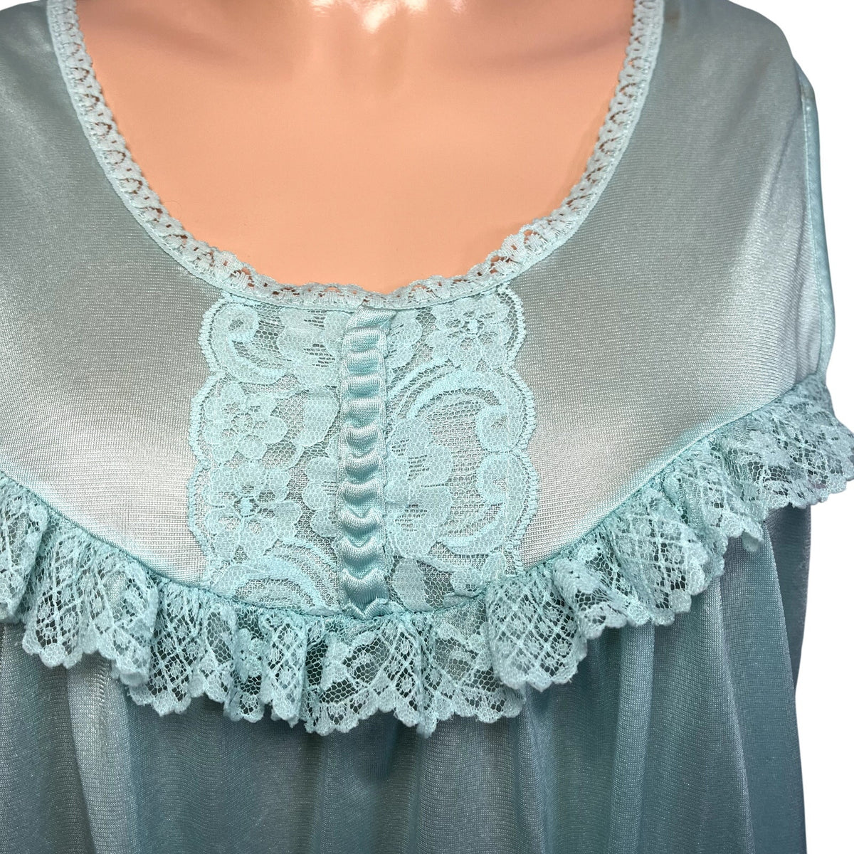 VTG 60s Handmade Blue Nylon Lace Trim Pleated Nightgown M Coquette Cottagecore