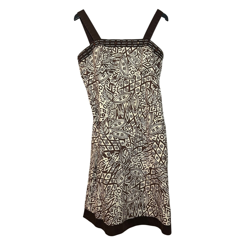 Boho Geometric Print Midi Dress Small Brown Cream Smocked Back Padded Bust Summer