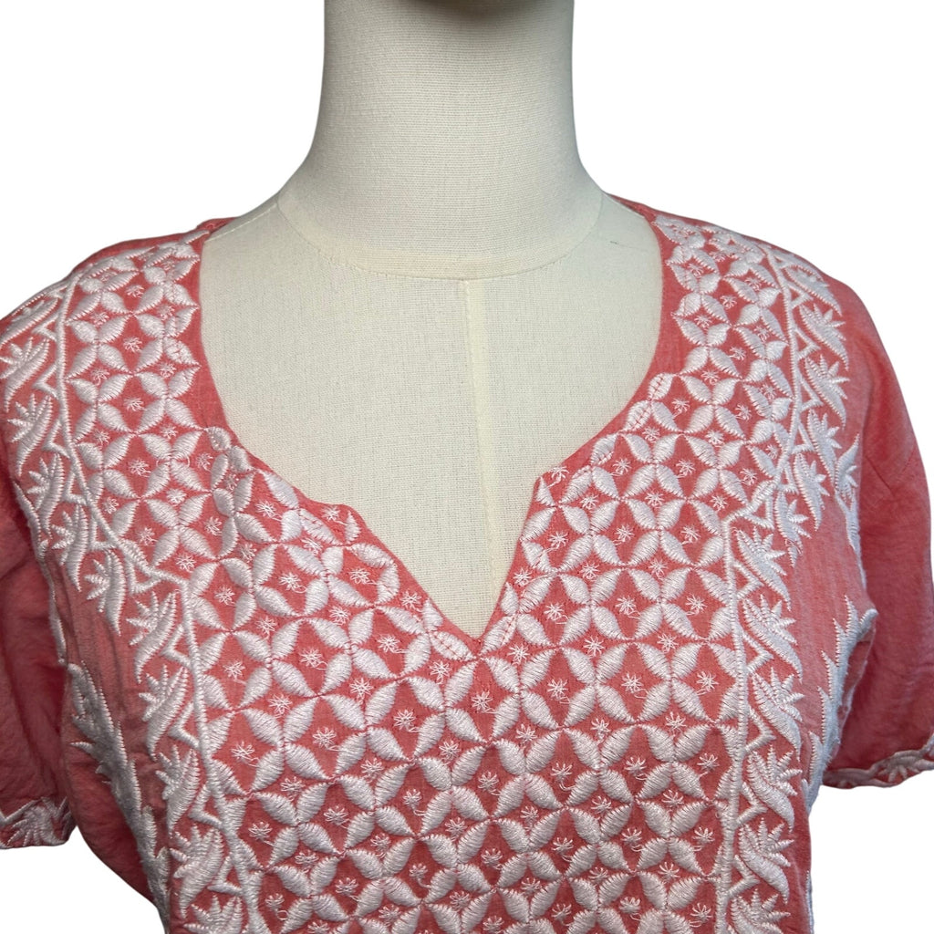 Indian Pink Peach Embroidered Cotton Mini 12 Dress Boho Cottage Fairy Whimsigoth