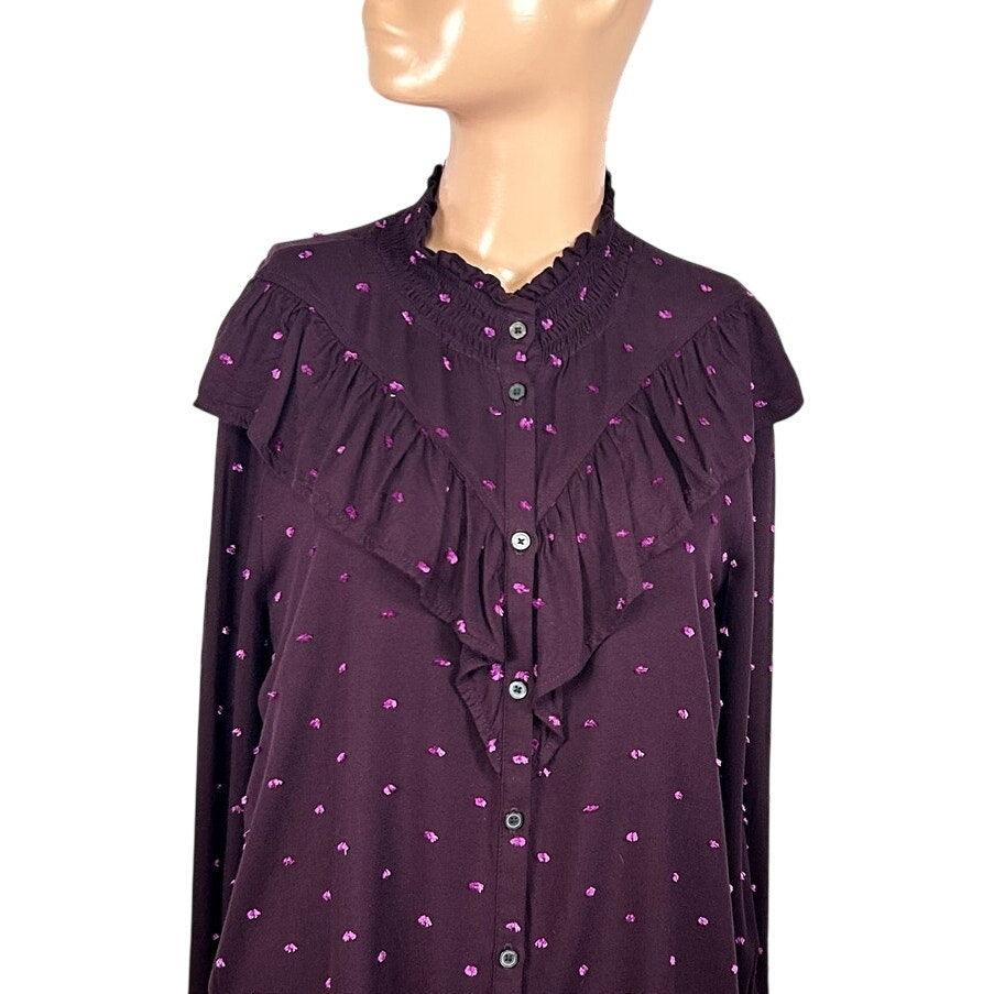 LOFT M Purple Blouse Swiss Dot Smocking Coquette Ruffle Feminine Chic Clown Boho