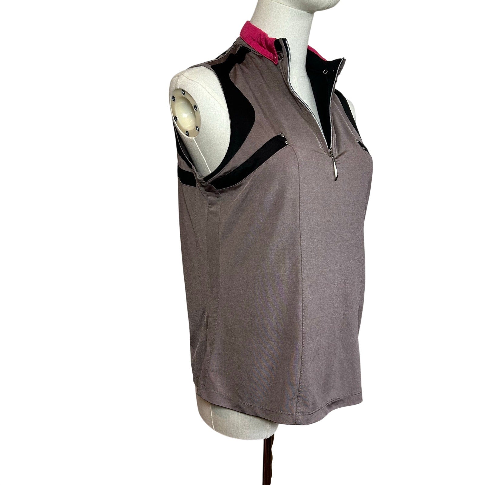Jamie Sadock Sleeveless Zip Golf Polo Top Grey Pink S Studs Preppy Punk Retro