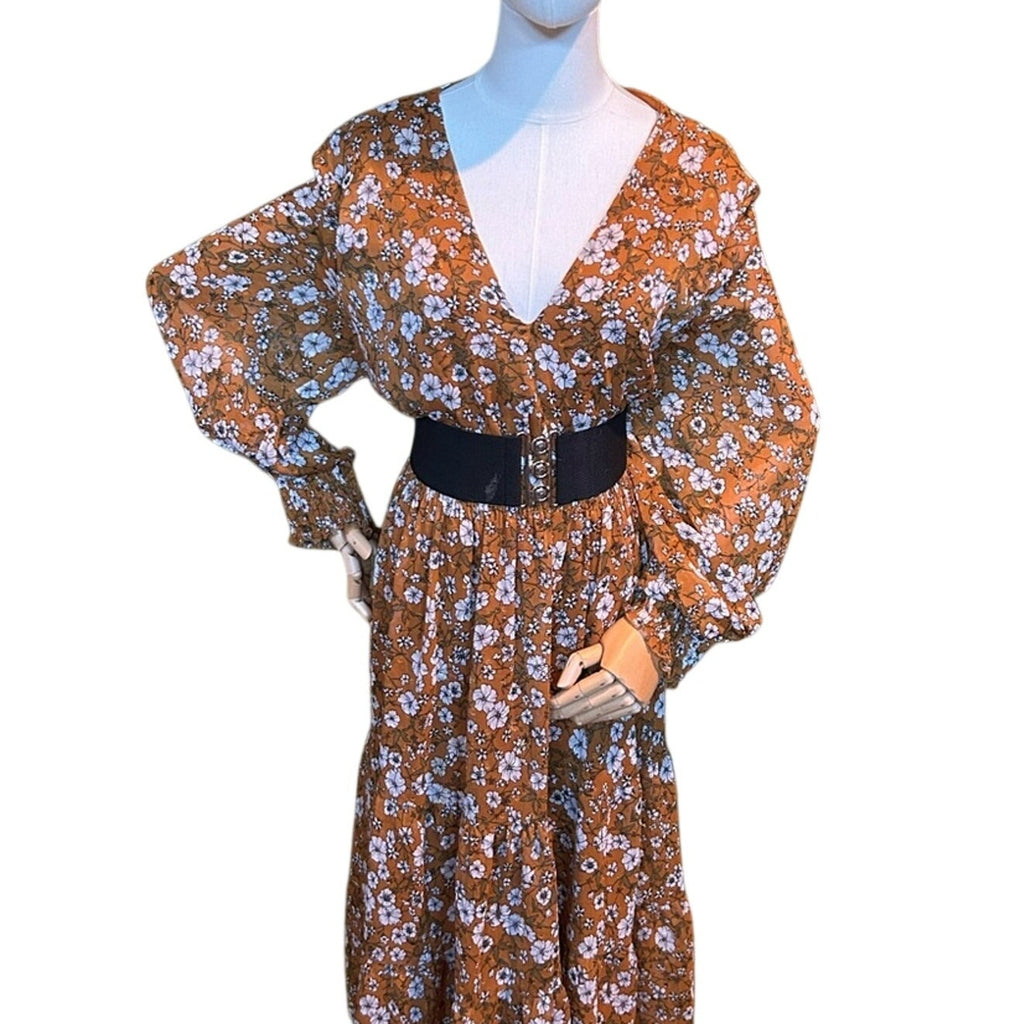 NY Collection Brown Floral Boho Flowy Long Sleeve Dress Plus Size 3X Stretchy