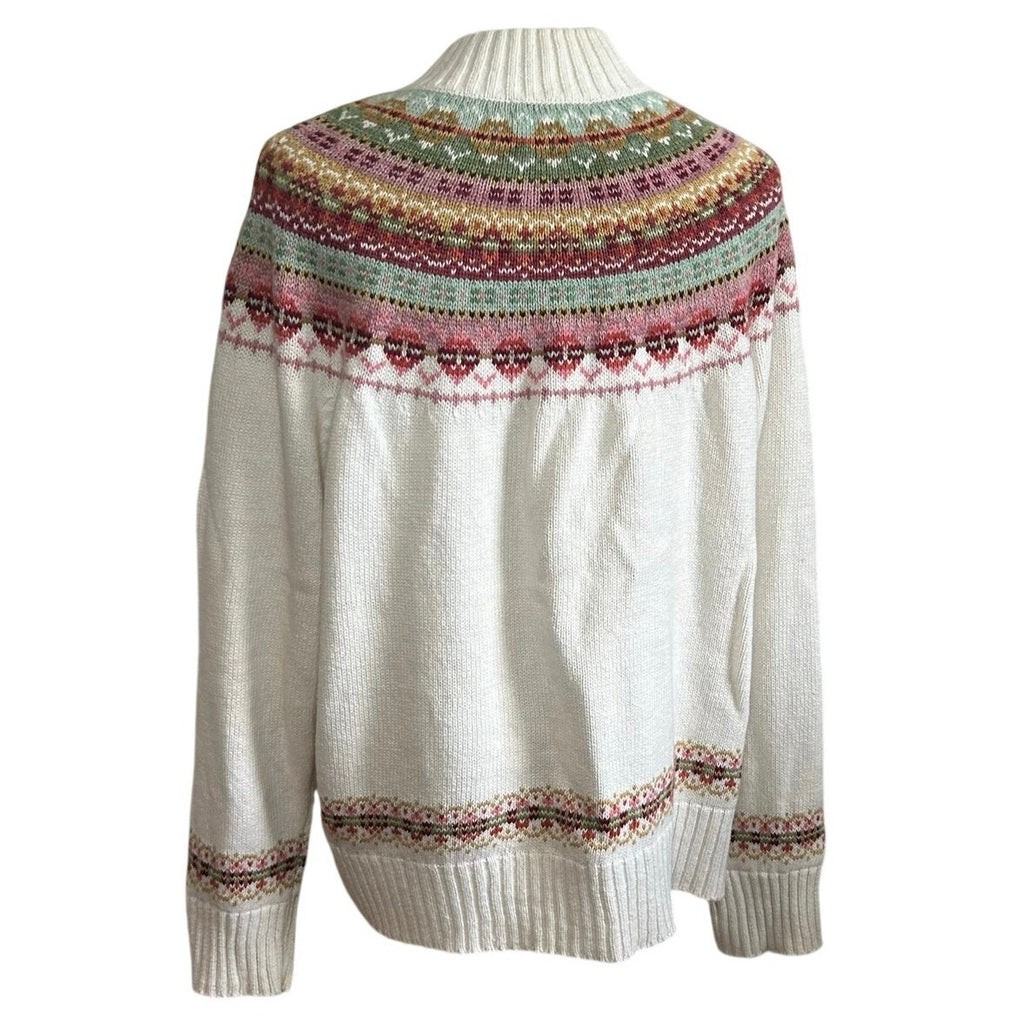 VTG Y2K Tiara International L White Fair Isle Cardigan Sweater Full Zip Grandma