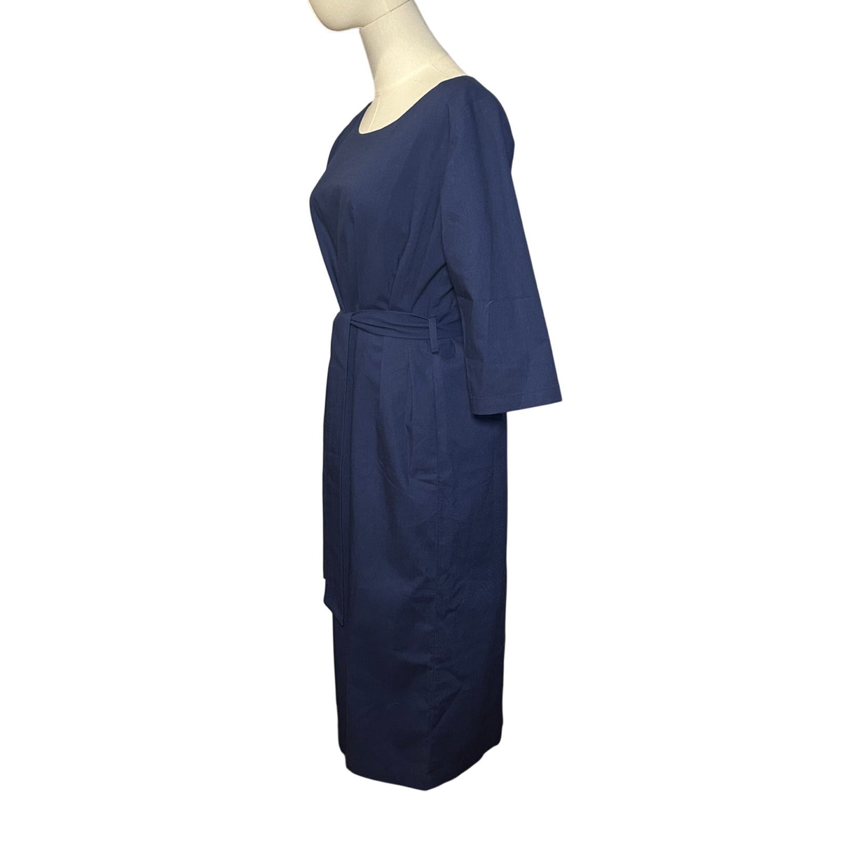 Hannah Canvas Signature Linen Belted Midi Dress Navy Blue Made in Canada Size M