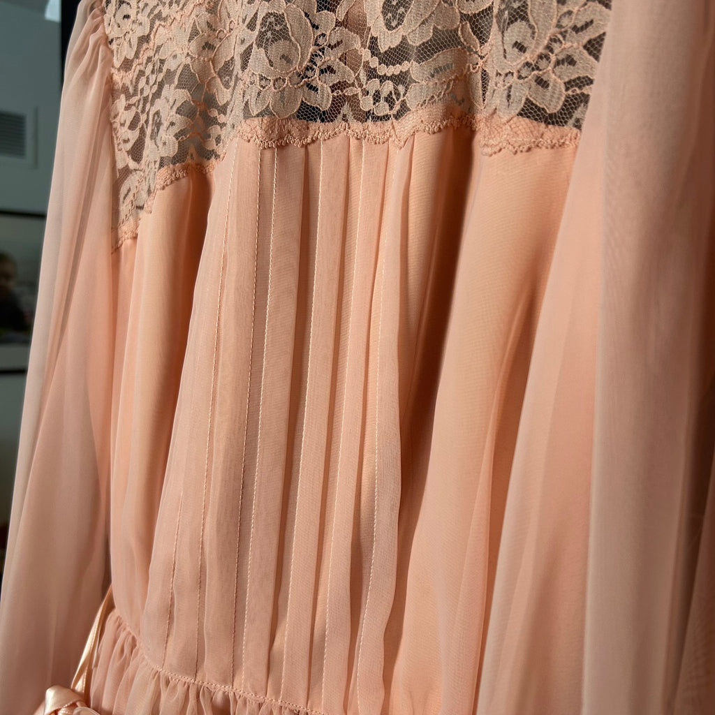 VTG 70s Handmade Peach Lace Maxi Dress Sheer Bishop Sleeve Boho Prairie XS