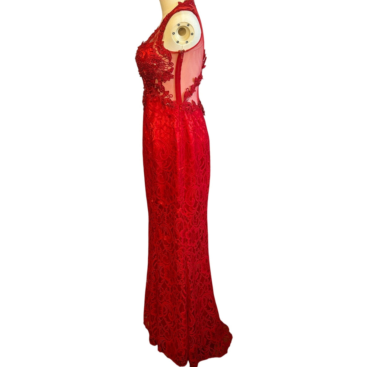 Swing Red Floral Guipure Lace Illusion Gown Size 6 Beaded Prom Gala Dress Wear