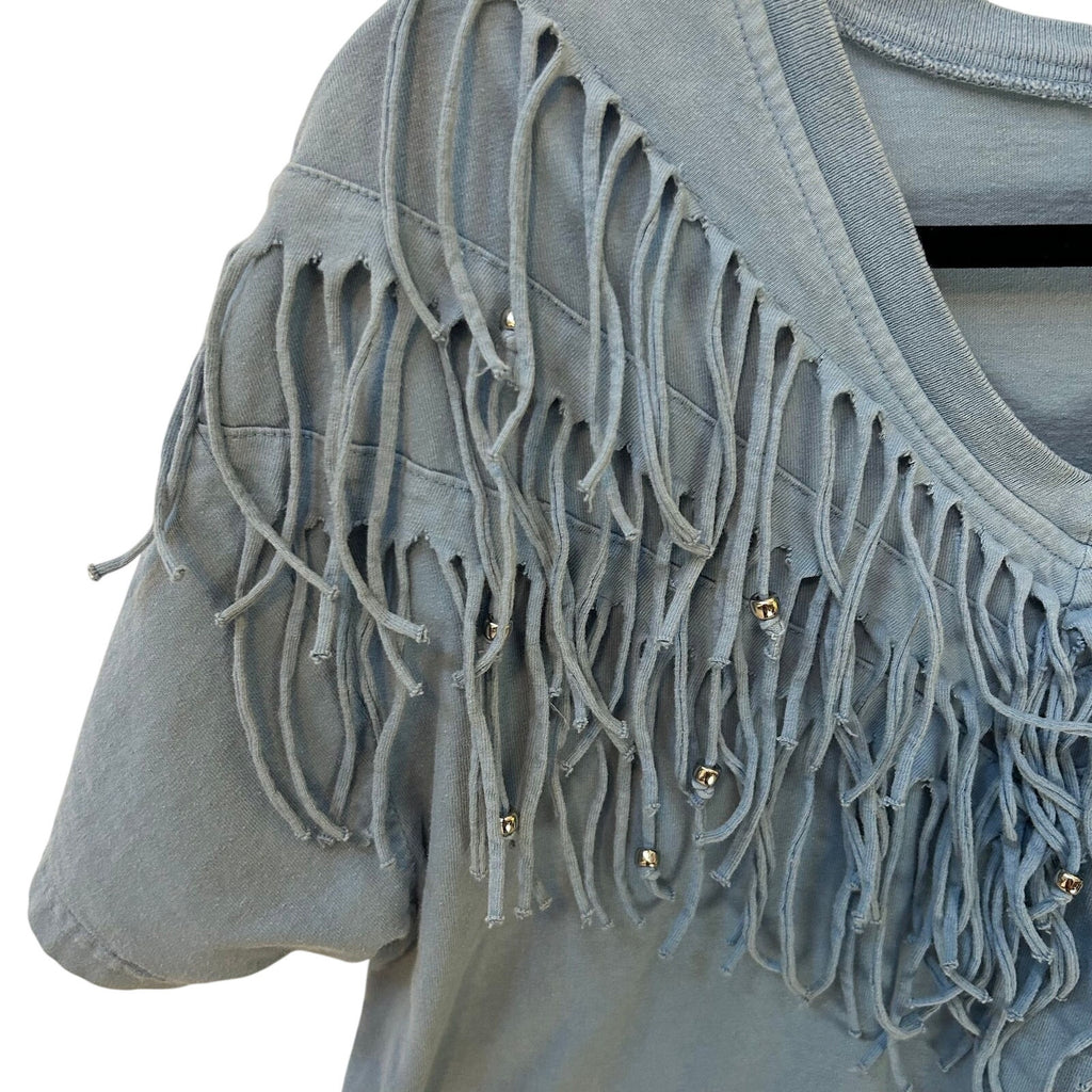 VTG Ever Blue Blue Fringe Beaded One Size Whimsygoth Western Boho V-Neck Tee