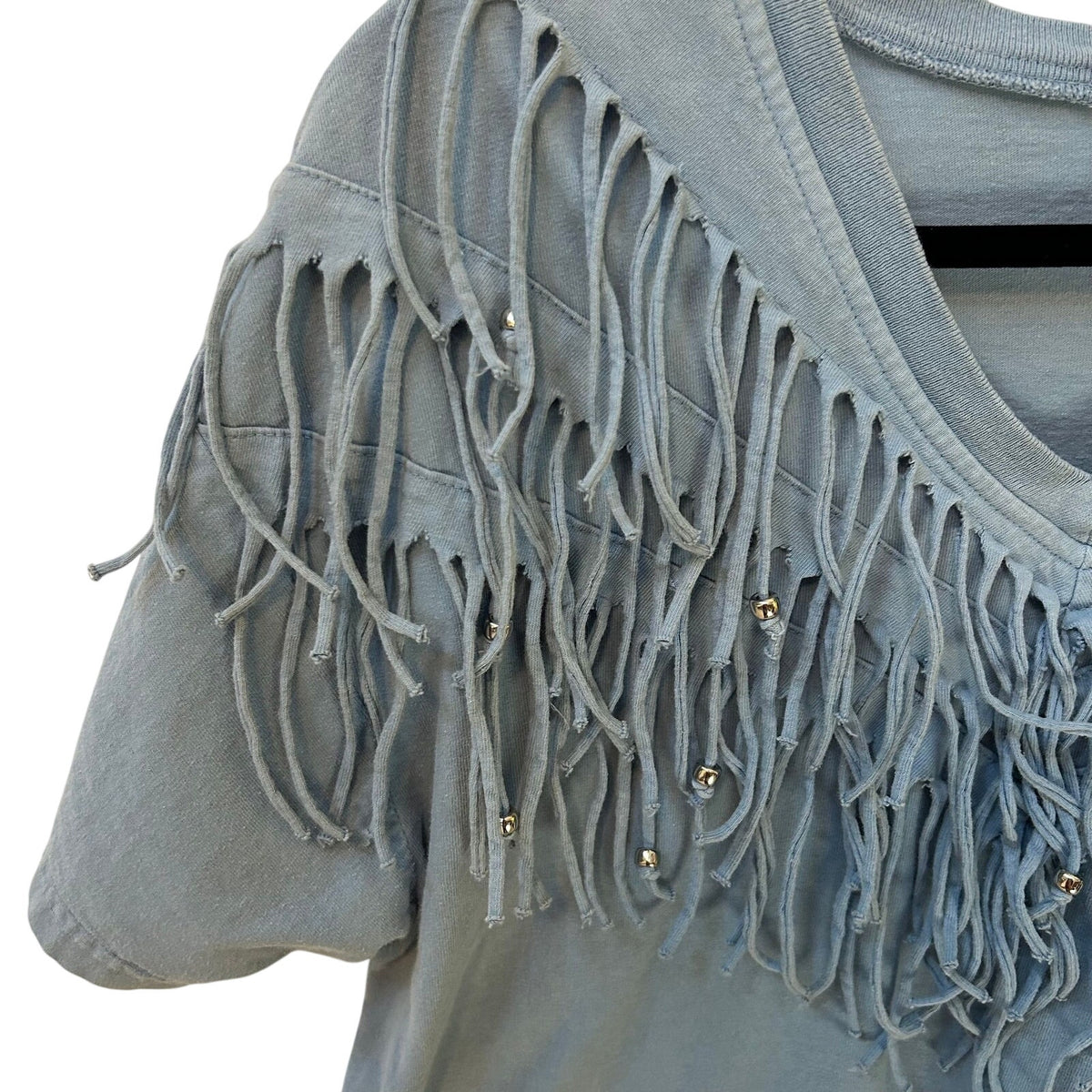VTG Ever Blue Blue Fringe Beaded One Size Whimsygoth Western Boho V-Neck Tee
