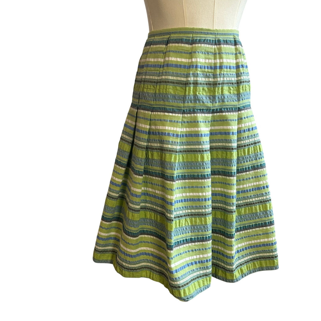 VTG 90s Green Seersucker Cotton Blend Lined Midi Skirt 8 Preppy Retro Cottage