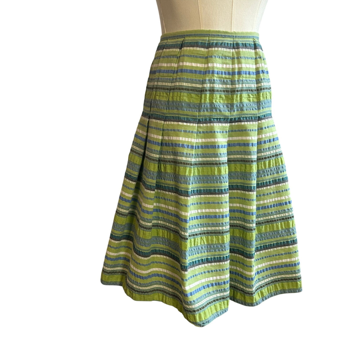 VTG 90s Green Seersucker Cotton Blend Lined Midi Skirt 8 Preppy Retro Cottage