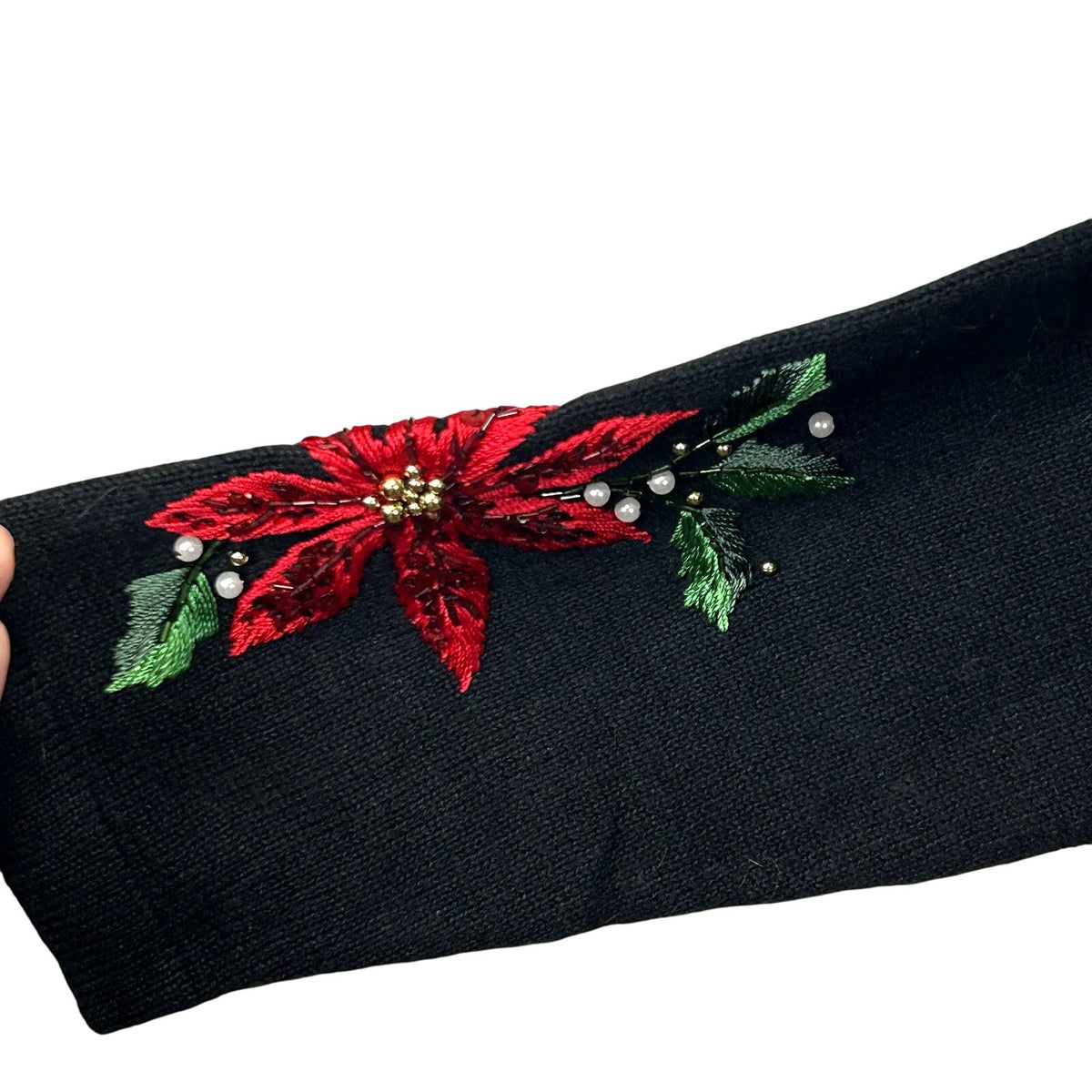 VTG 90s B.P. Design M Black Poinsettia Beaded Christmas Cardigan Faux Fur Collar