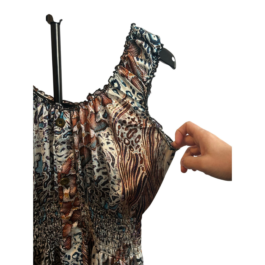 Lapis Animal Print Smocked Dress Multi M Y2K Indie Sleaze Maximalist Midi