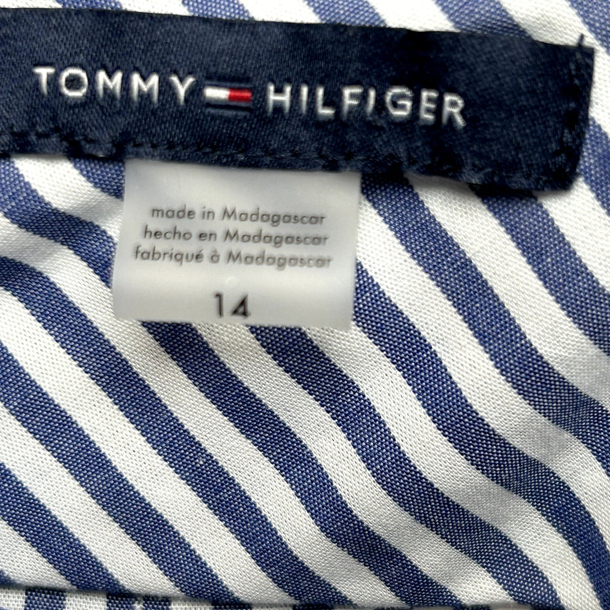Tommy Hilfiger Blue White Striped Ruffle 14 Shirt Dress Cotton Coastal Preppy