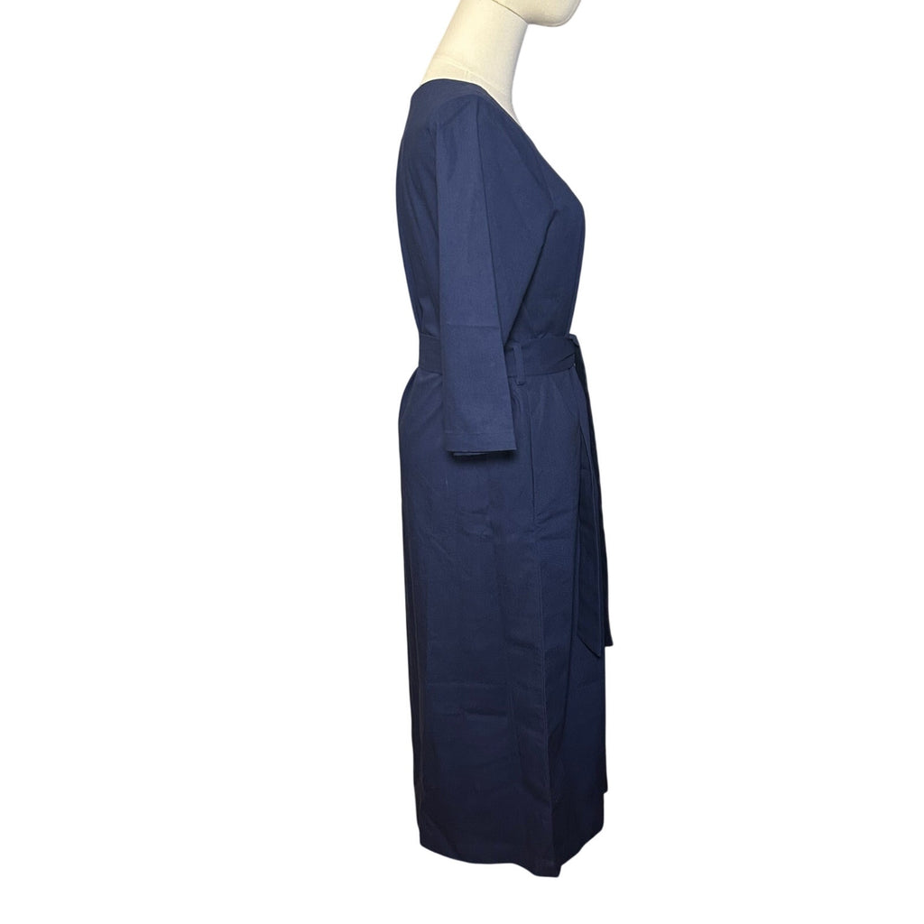 Hannah Canvas Signature Linen Belted Midi Dress Navy Blue Made in Canada Size M