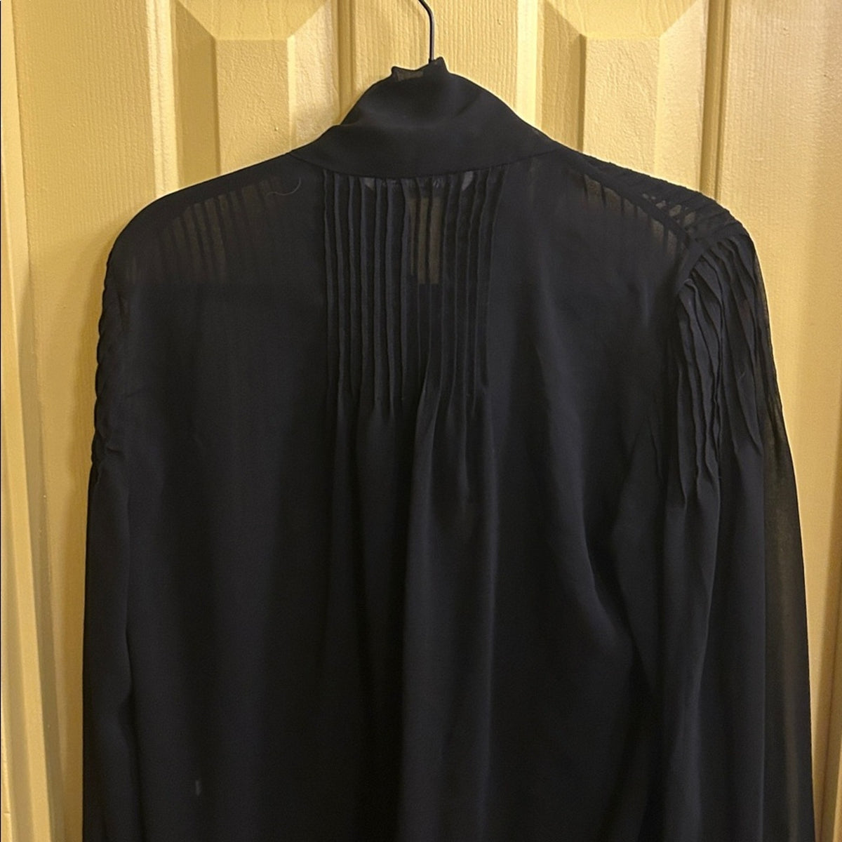 Zara Pleated Tie Neck Blouse Black Sheer Chiffon Pussy Bow Shirt Woman Large L