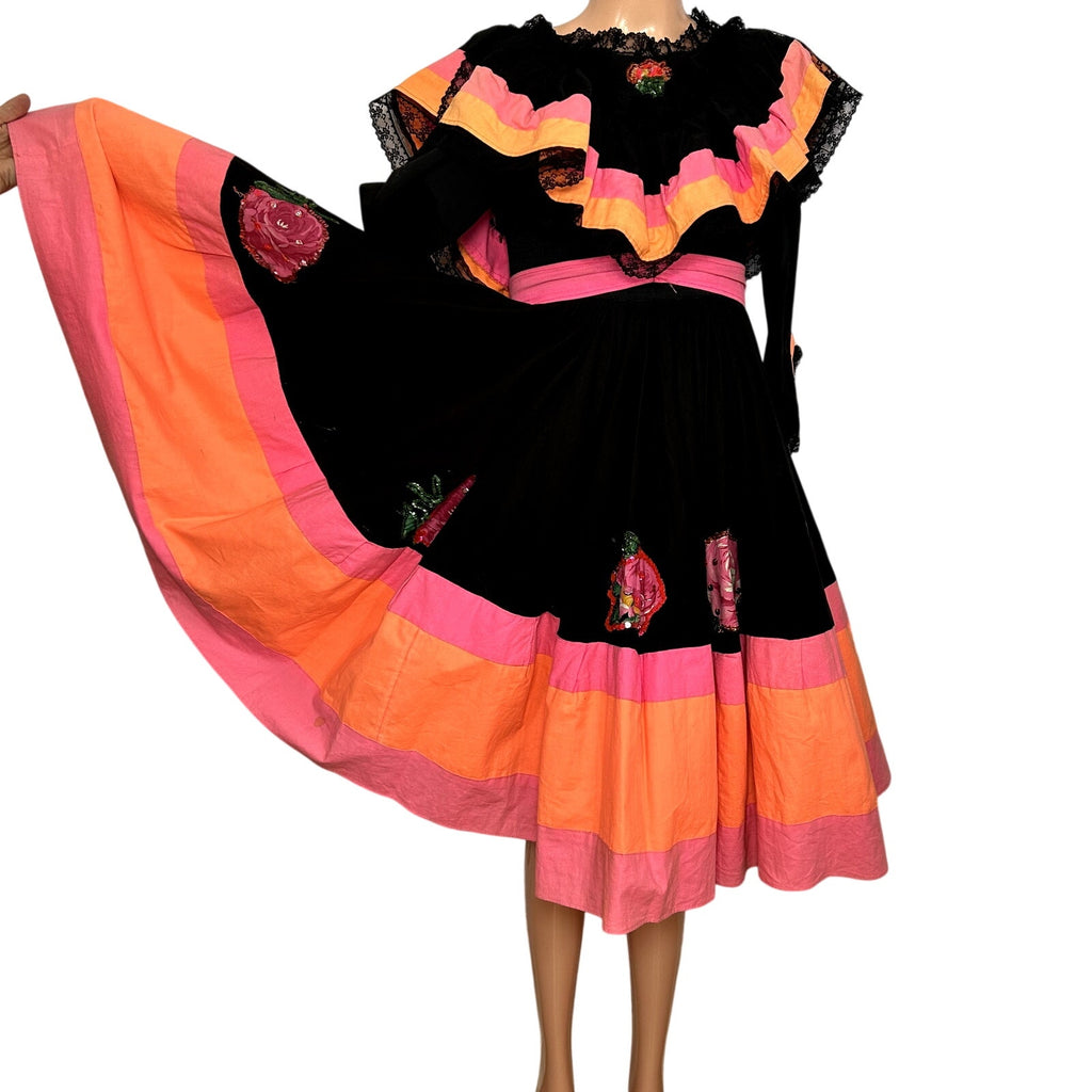 VTG 70s Vintage XS Black Pink Mexican Folkloric Flounce Sequin Dress Retro