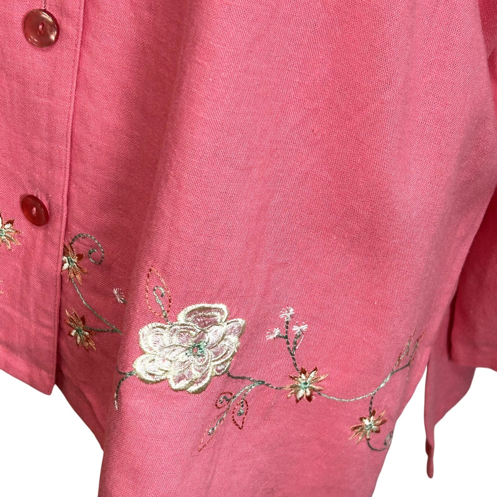 VTG 90s Sag Harbor 16W Pink Shirt Floral Embroidery Linen Rayon Grandma Cottage