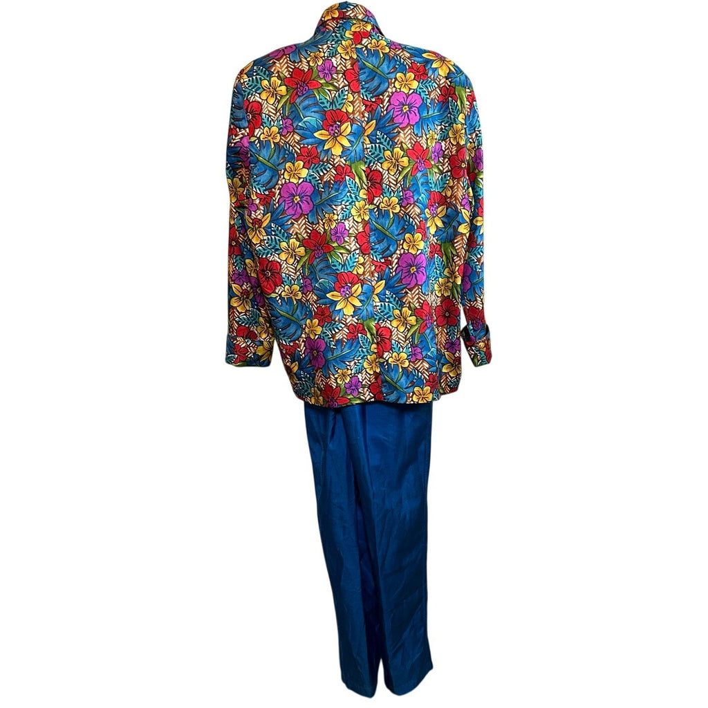 VTG 70s Bechamel 3pc Floral Set Whimsigoth Blue Tropical Jacket Shirt Pants Boho