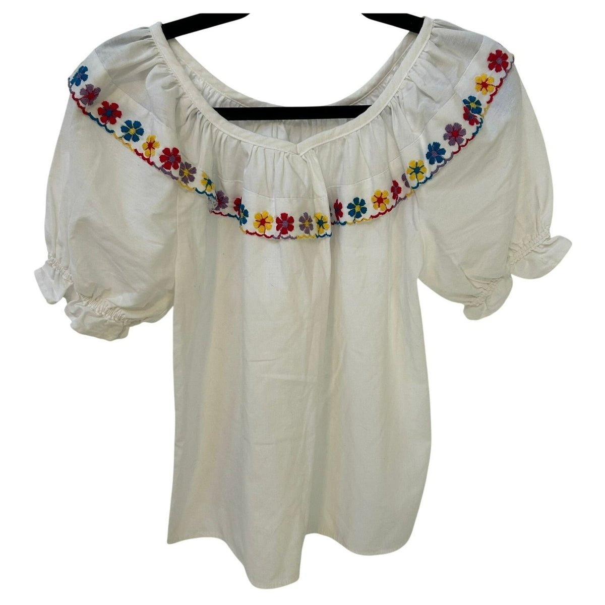 VTG Rockmount Ranch Wear White Floral Embroidered Ruffle Peasant Blouse Boho