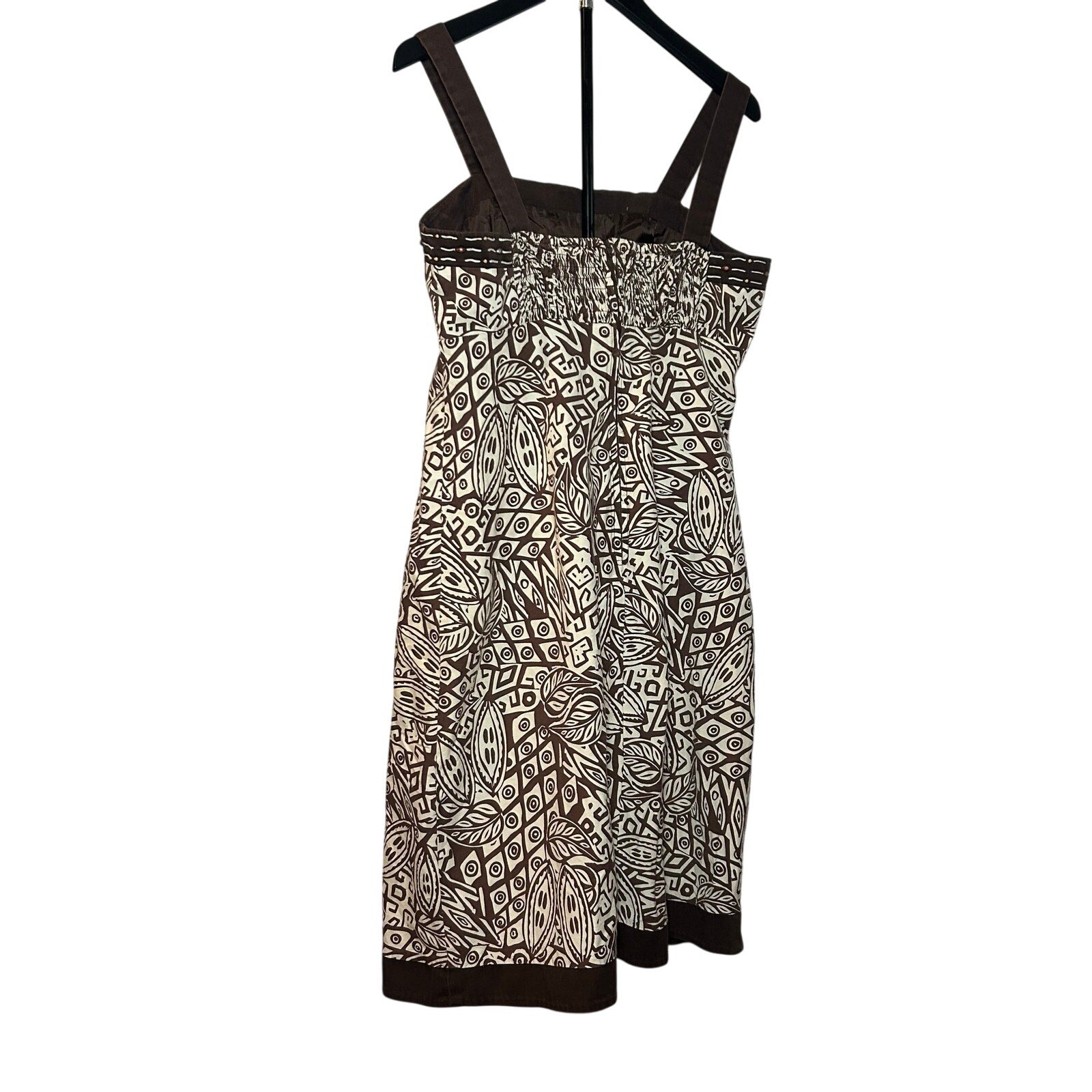 Boho Geometric Print Midi Dress Small Brown Cream Smocked Back Padded Bust Summer