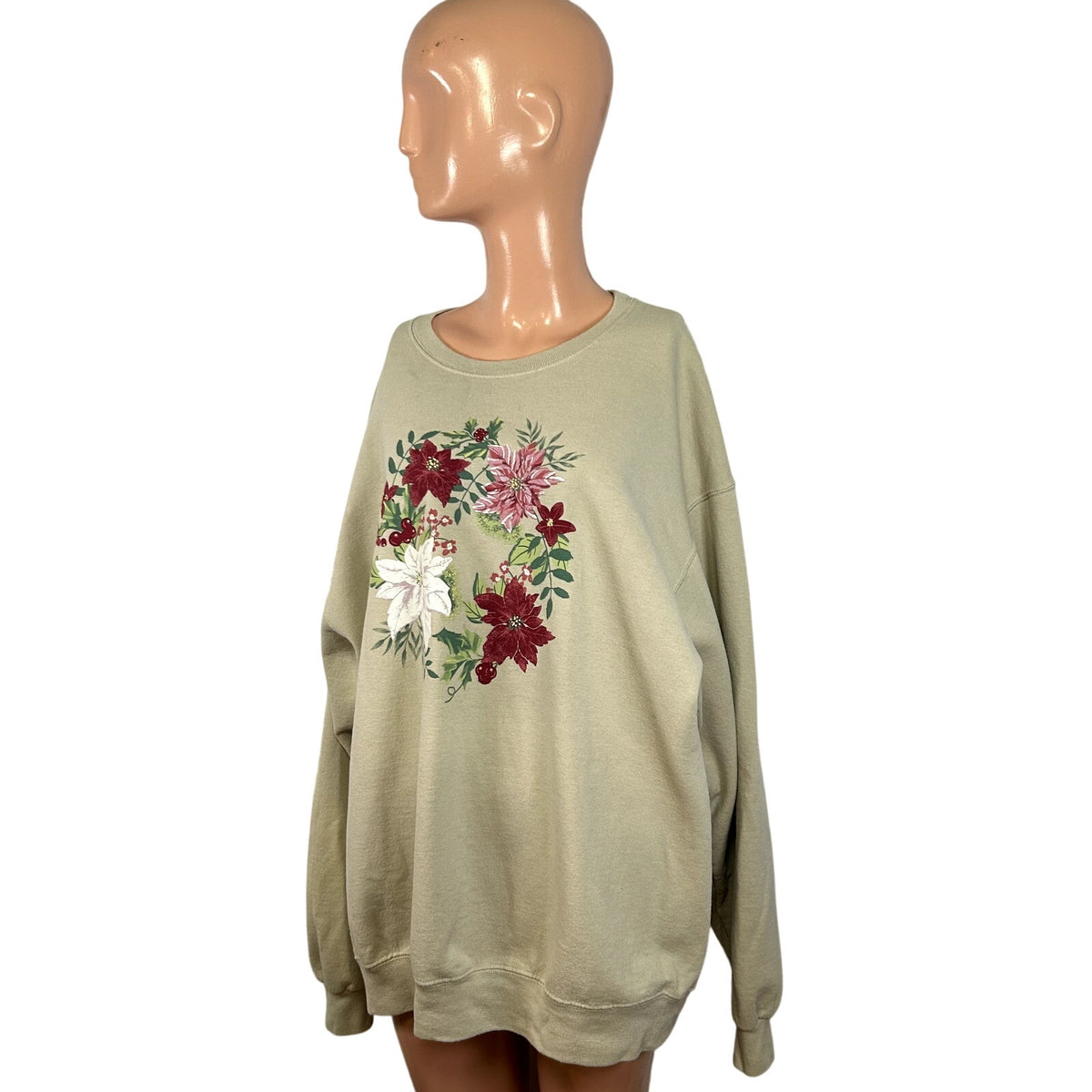 VTG 90s Jerzees XL Tan Christmas Poinsettia Fleece Sweatshirt Grandma Holiday