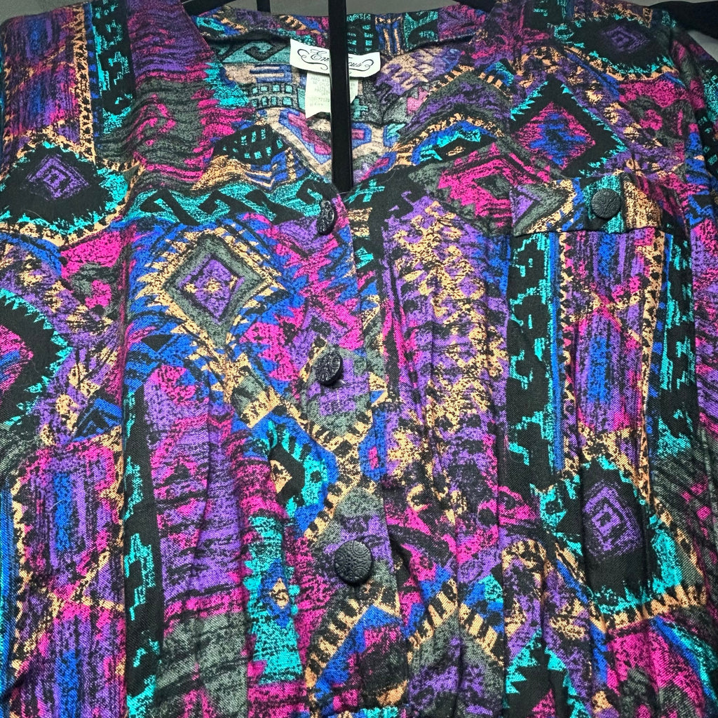 VTG En Focus Geometric Jumpsuit Purple L Rayon Southwestern Boho 90s USA Made
