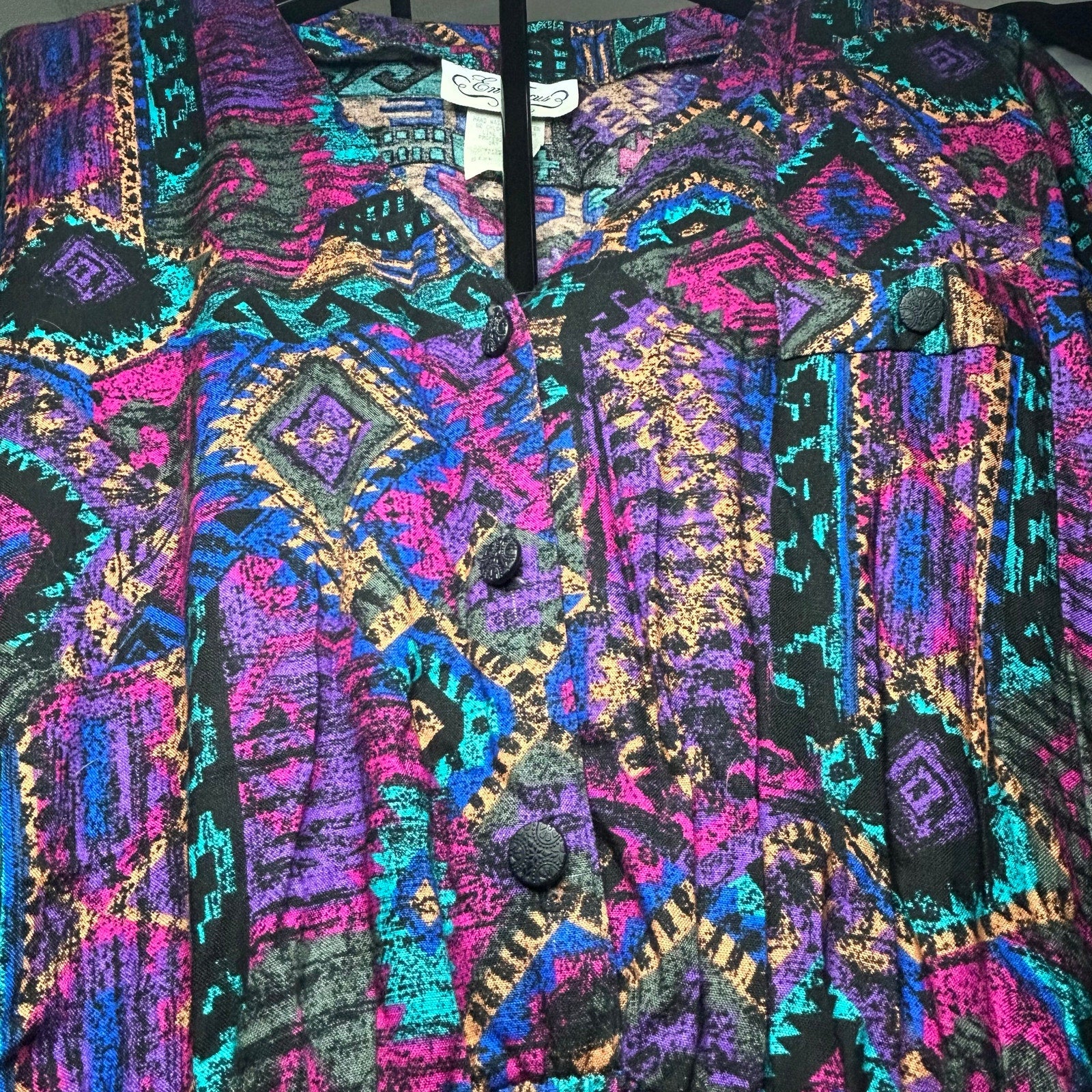 VTG En Focus Geometric Jumpsuit Purple L Rayon Southwestern Boho 90s USA Made