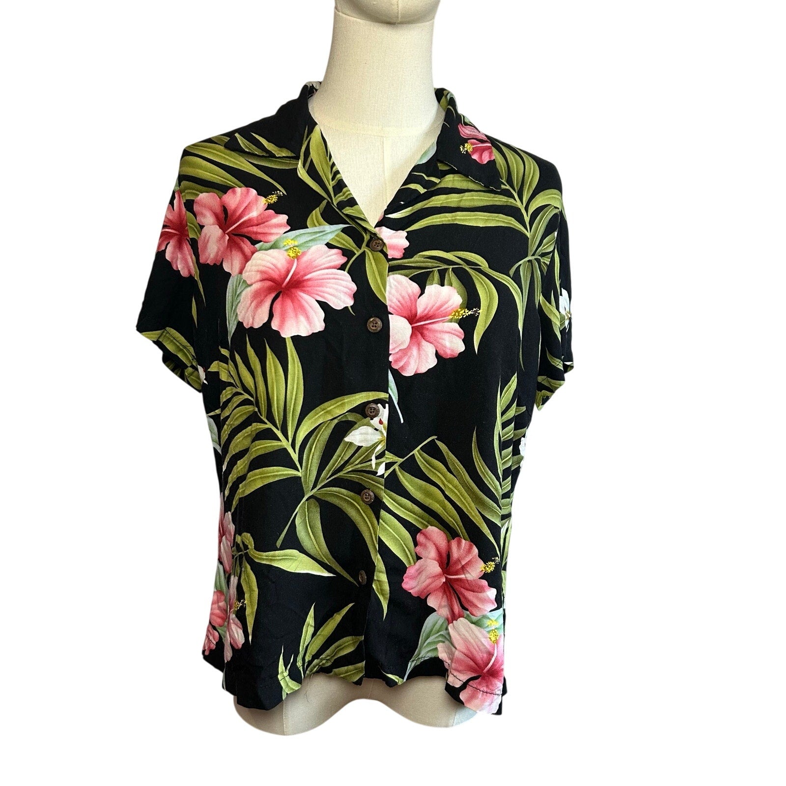 VTG 90s Puanani Hawaiian Shirt Black Floral Medium Tropical Boho Casual Indie