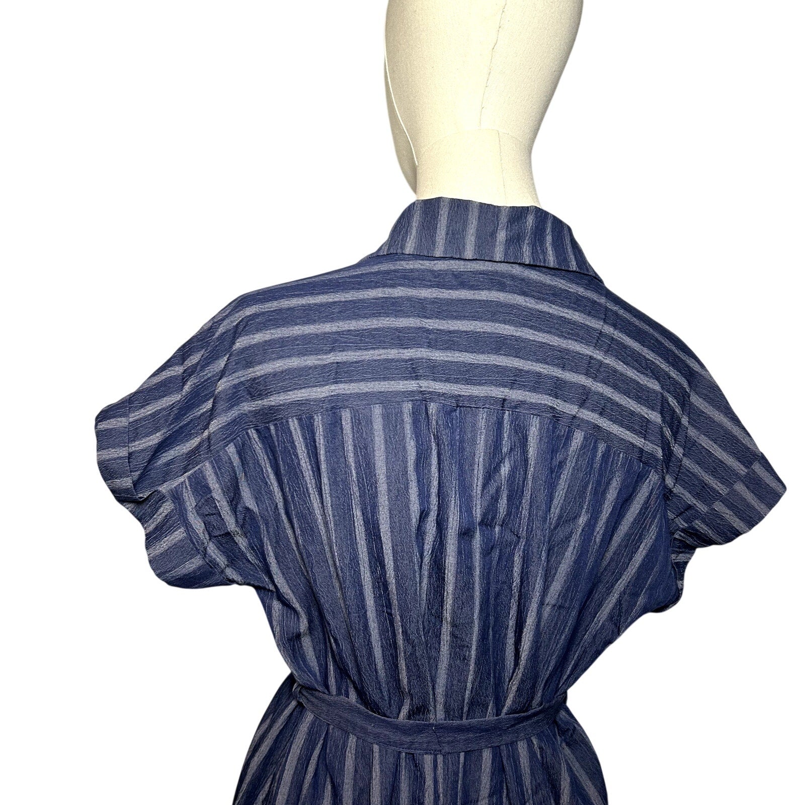 Naif Navy Blue Striped Cotton Blend Shirt Dress Tie Waist Women's Medium Casual