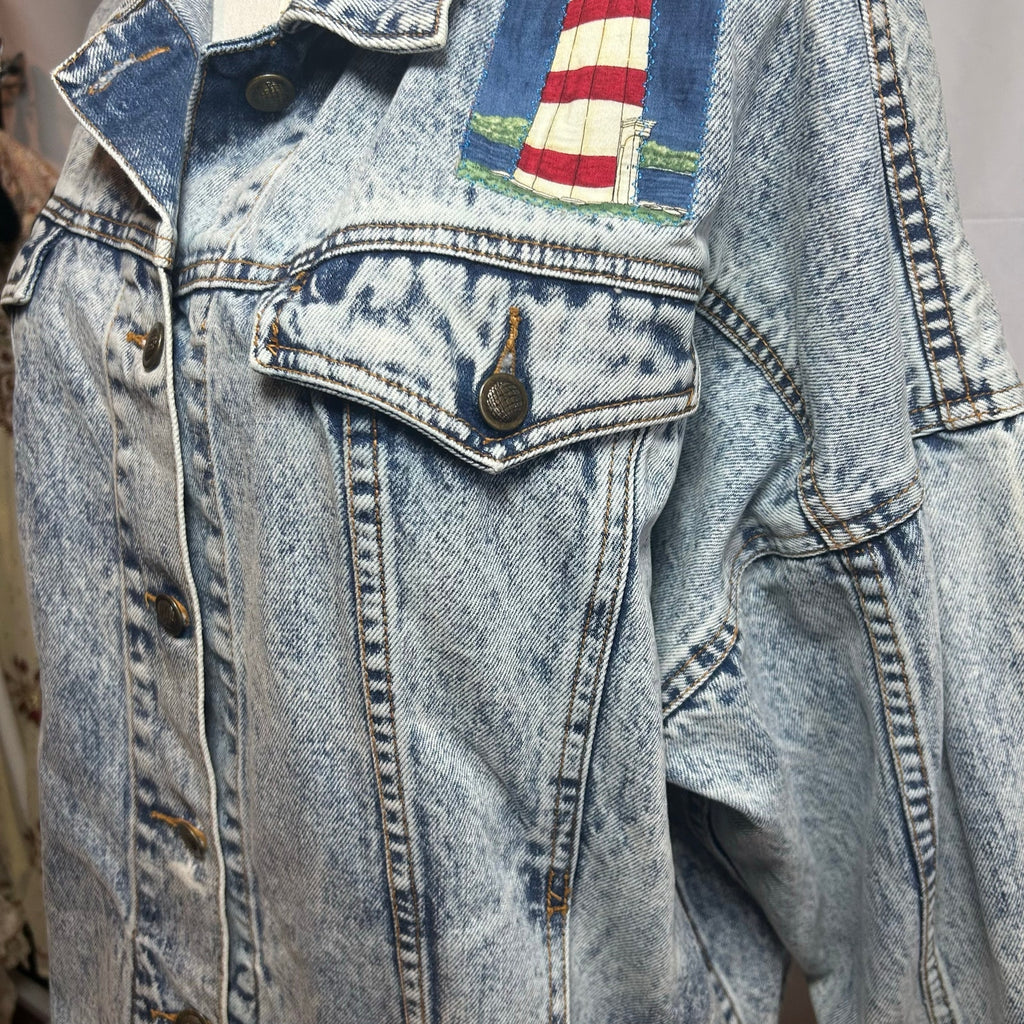VTG 90s Ocean Denim Acid Wash Lighthouse Jacket Scenic Art Oversized XL