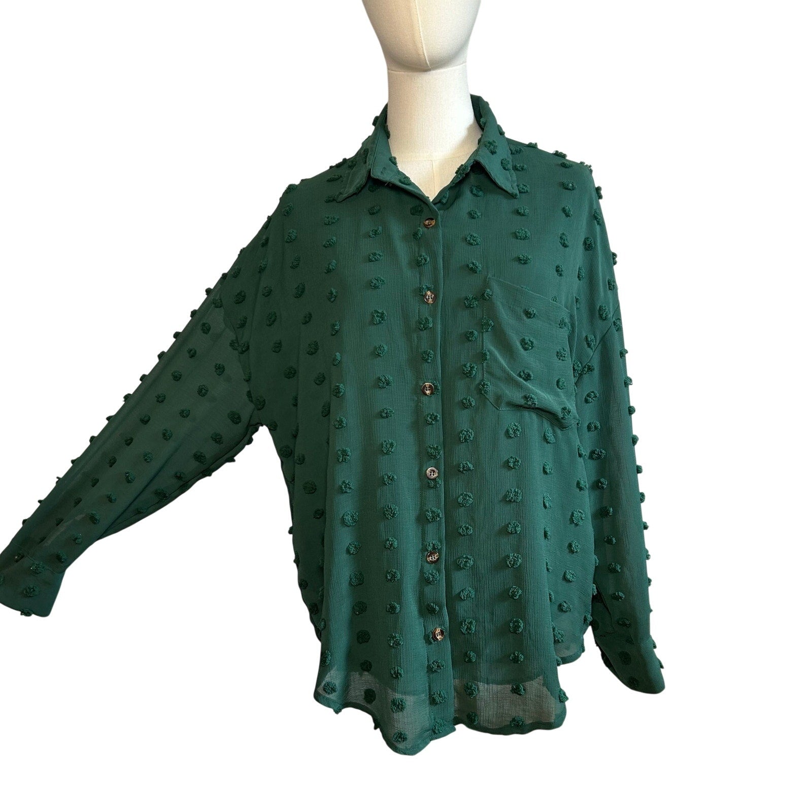 Forest Green Swiss Dot Long Sleeve L Casual Clip Dot Shirt Boho Minimalist Twee