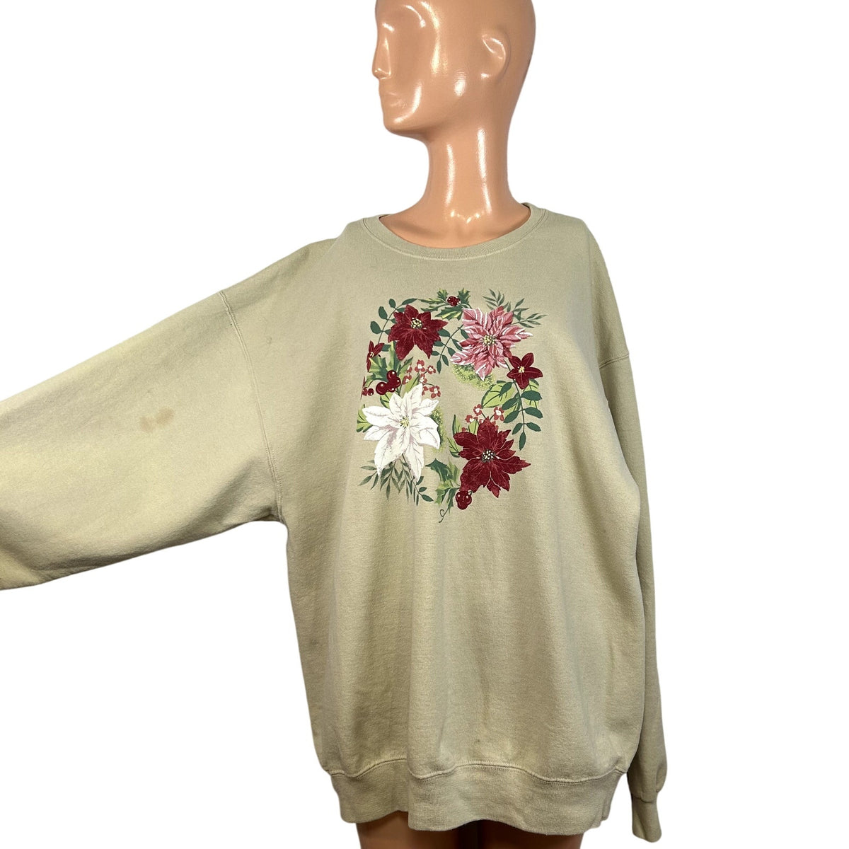VTG 90s Jerzees XL Tan Christmas Poinsettia Fleece Sweatshirt Grandma Holiday