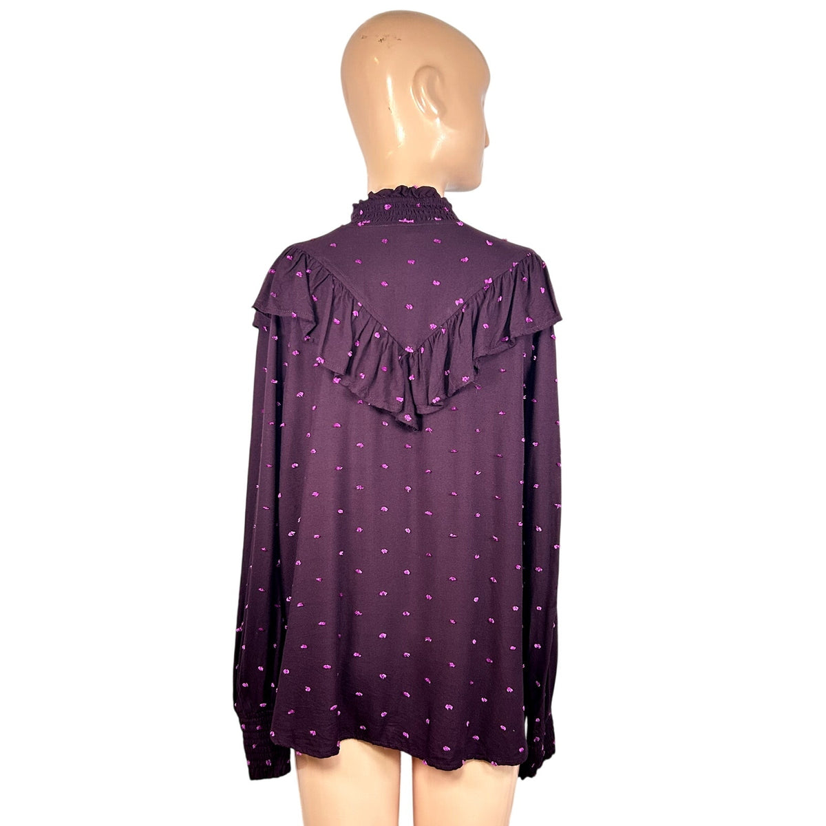 LOFT M Purple Blouse Swiss Dot Smocking Coquette Ruffle Feminine Chic Clown Boho
