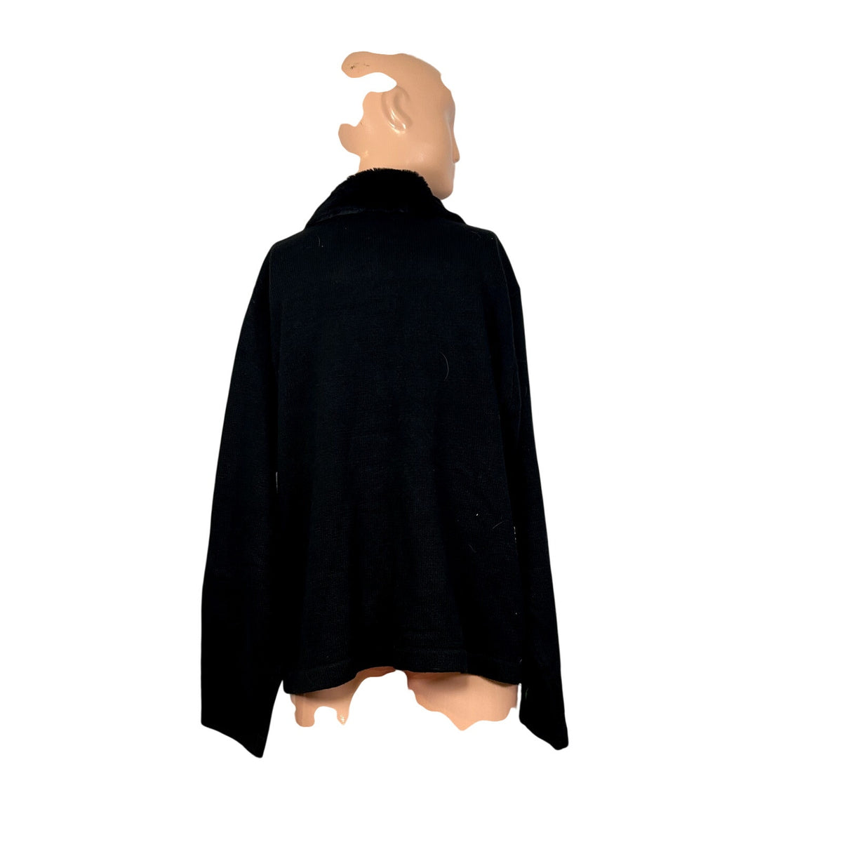 VTG 90s B.P. Design M Black Poinsettia Beaded Christmas Cardigan Faux Fur Collar